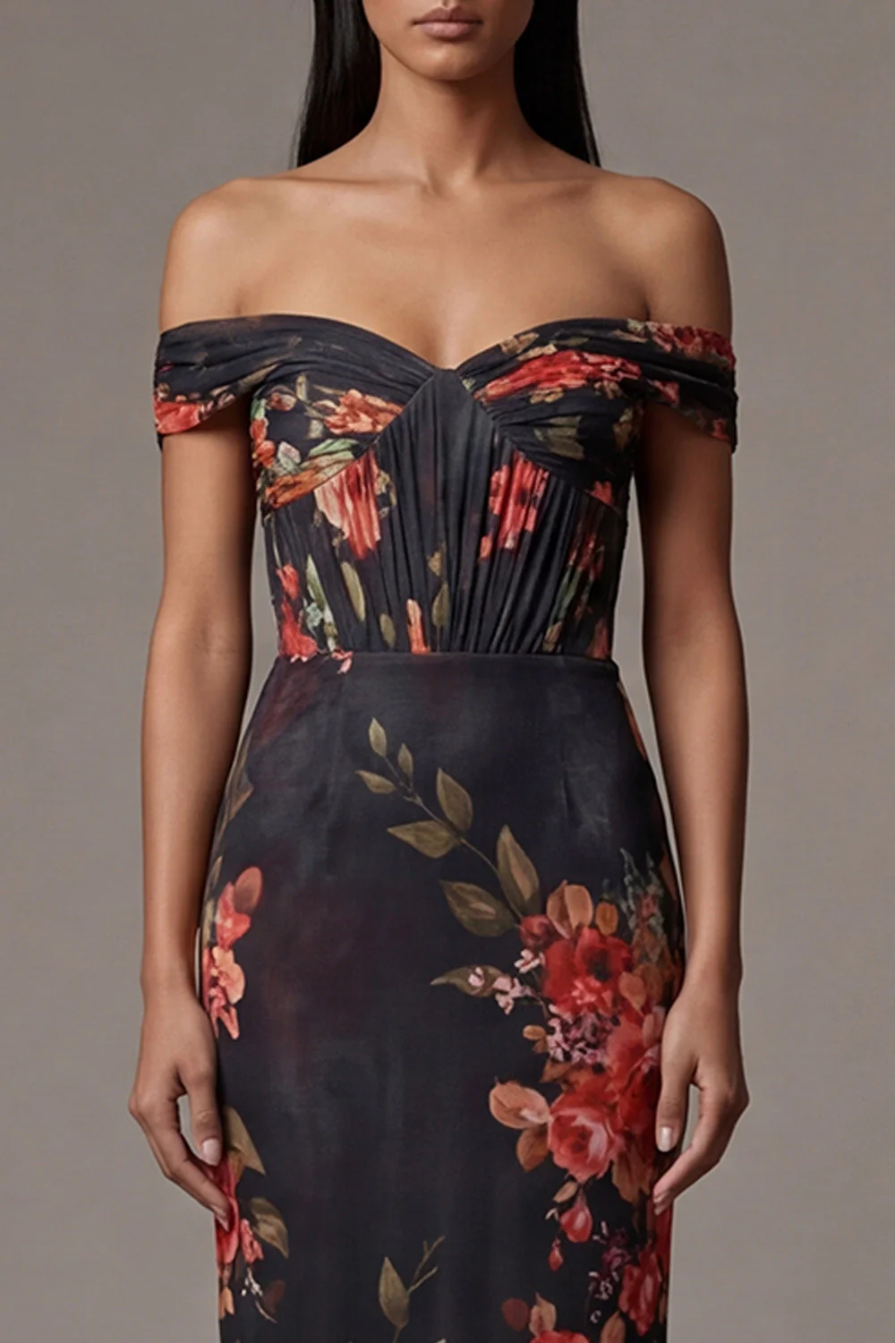 Off The Shoulder Printed Cut Out Black Floral Dress - Image 4