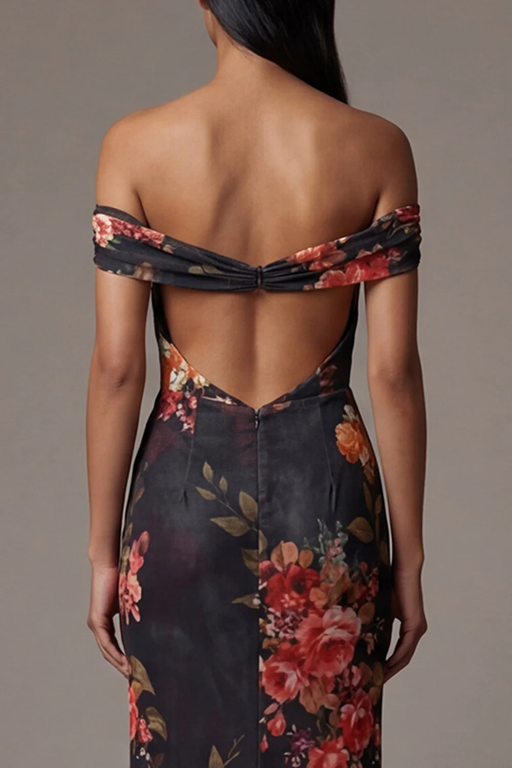 Off The Shoulder Printed Cut Out Black Floral Dress - Image 5