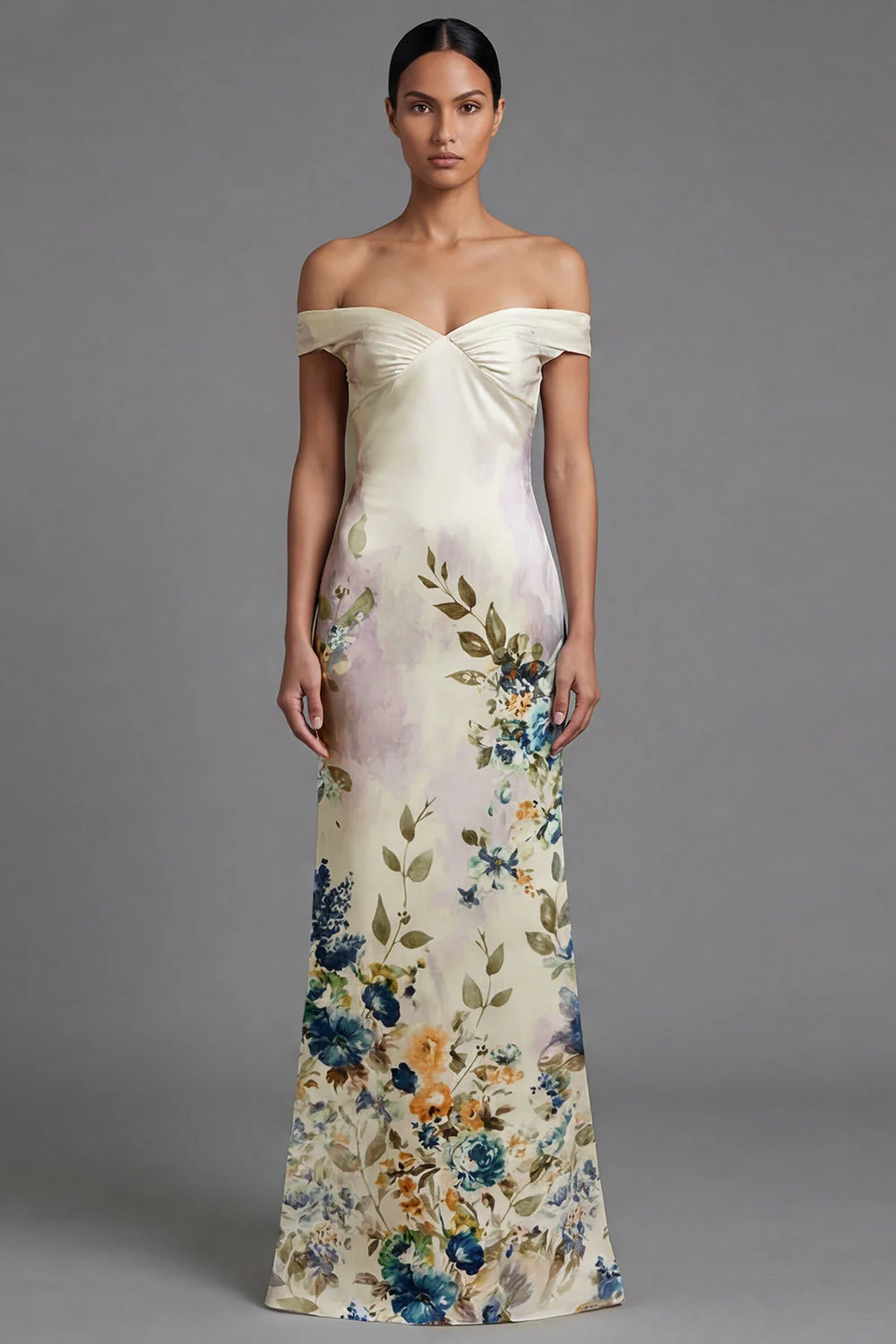 Off the Shoulder Printed Cut Out Ivory Formal Dress