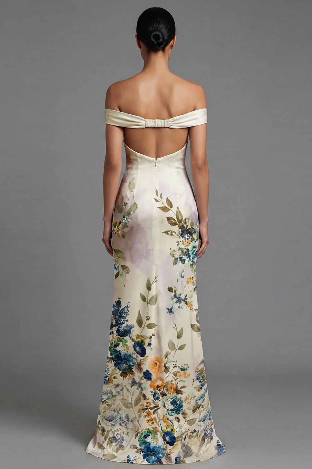 Off the Shoulder Printed Cut Out Ivory Formal Dress - Image 2