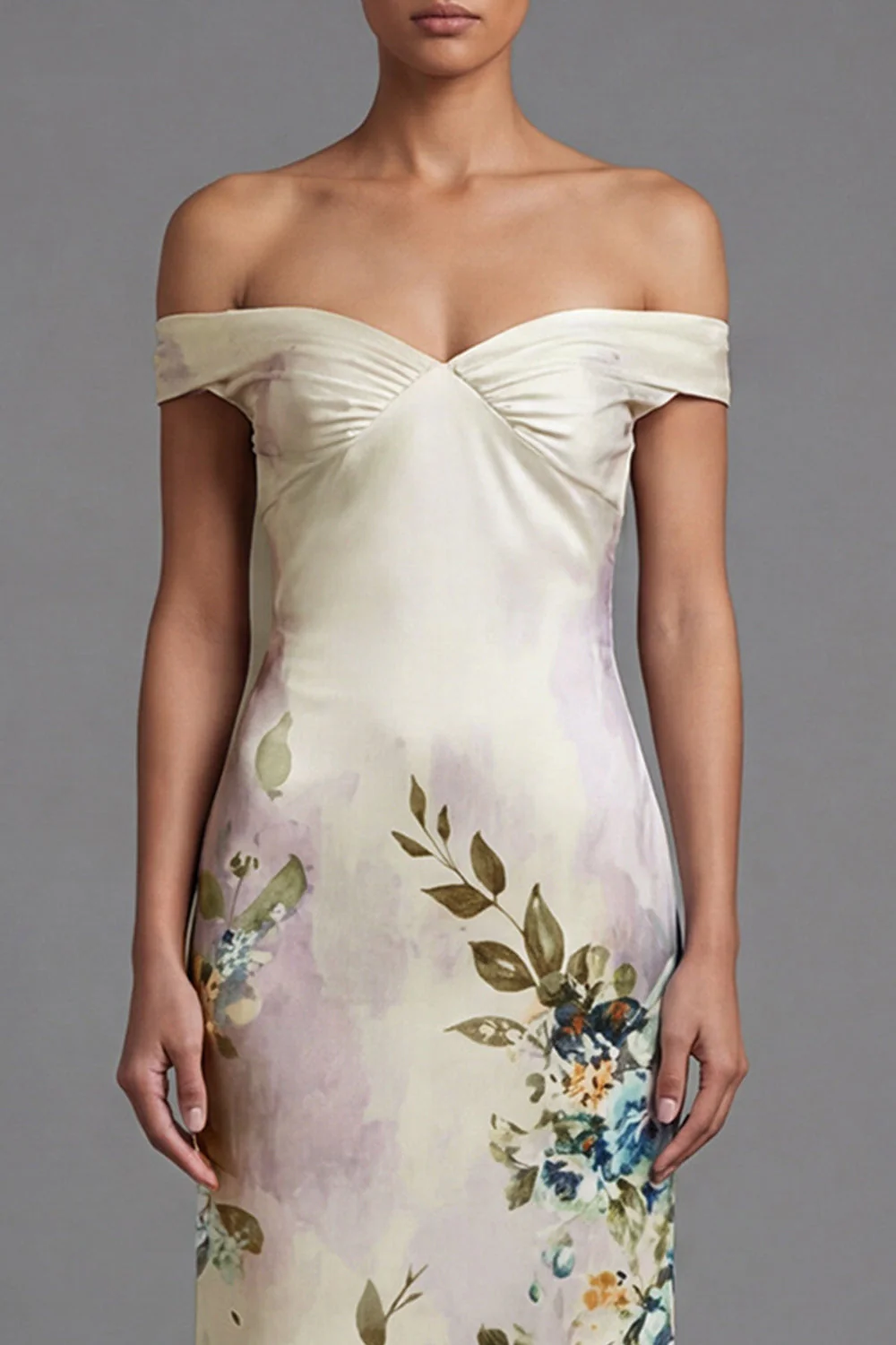 Off the Shoulder Printed Cut Out Ivory Formal Dress - Image 3
