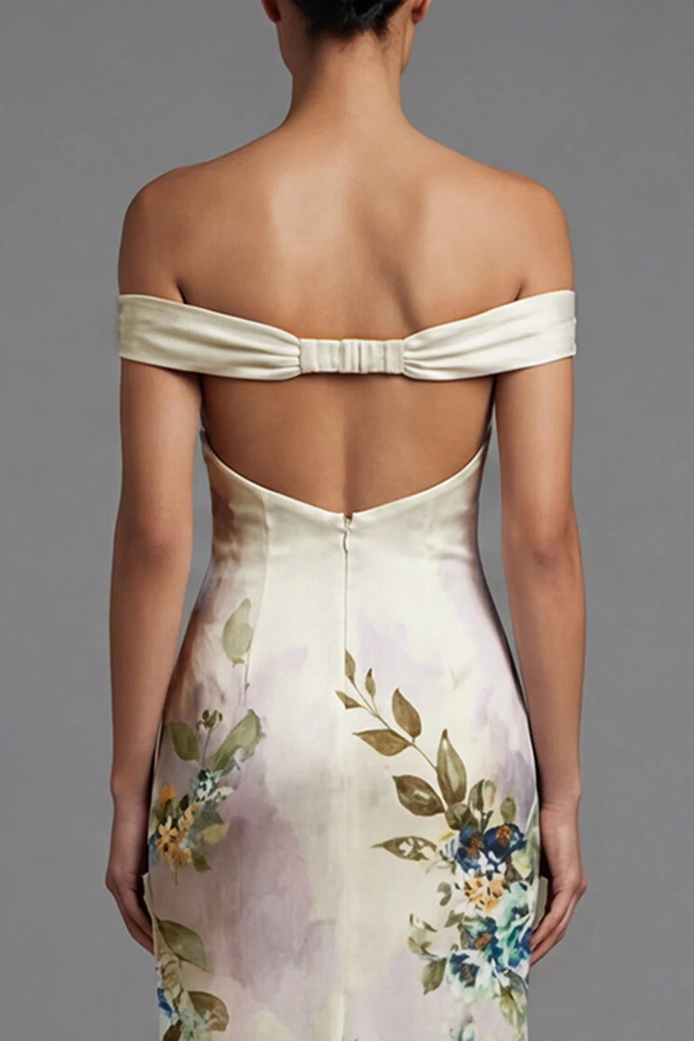 Off the Shoulder Printed Cut Out Ivory Formal Dress - Image 4