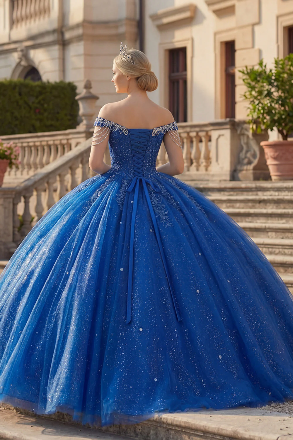 Off the Shoulder Royal Blue Ball Gown Beaded Glitter Quinceanera Dress - Image 2