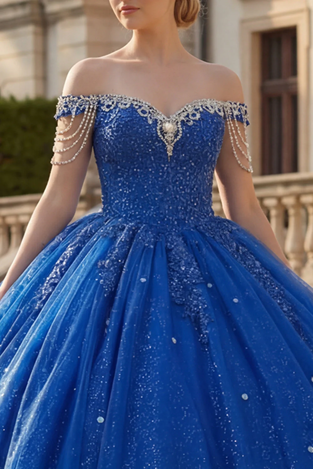Off the Shoulder Royal Blue Ball Gown Beaded Glitter Quinceanera Dress - Image 3