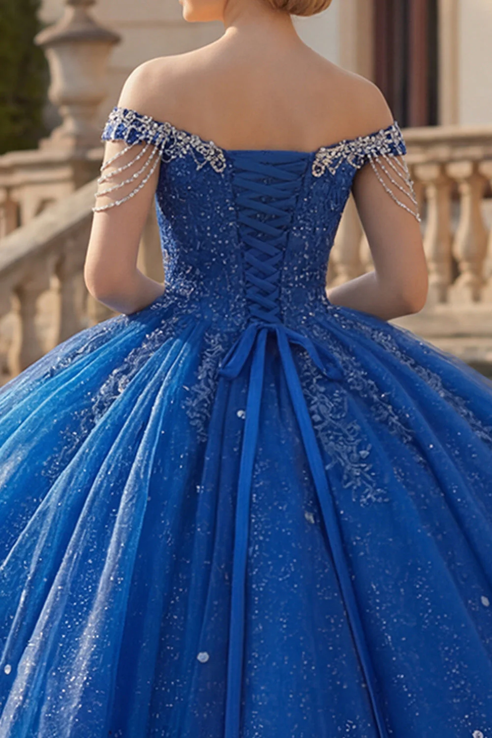 Off the Shoulder Royal Blue Ball Gown Beaded Glitter Quinceanera Dress - Image 4