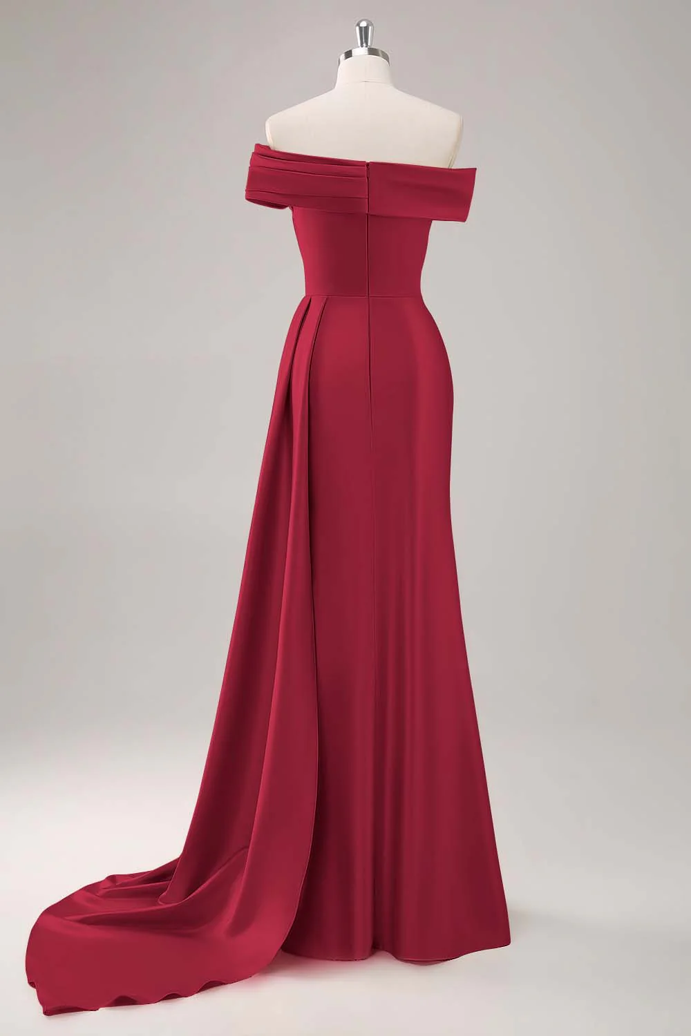 Off the Shoulder Satin Champagne Formal Dress with Drape - Image 10