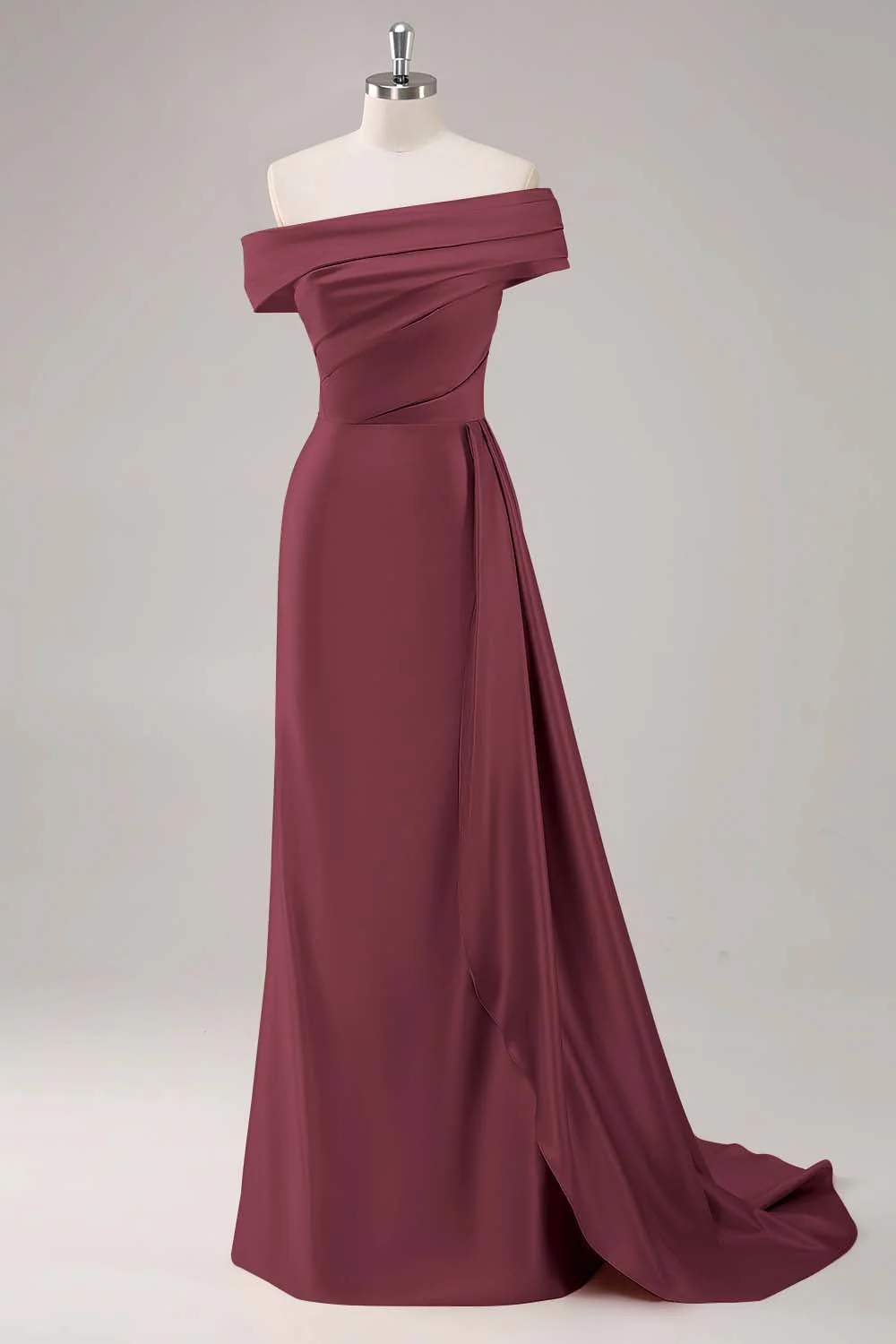Off the Shoulder Satin Champagne Formal Dress with Drape - Image 11
