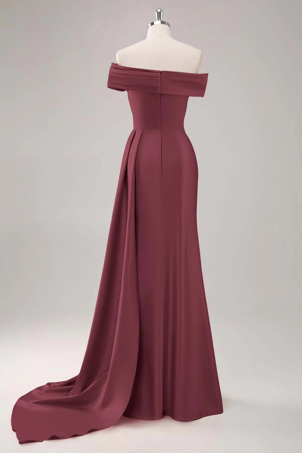 Off the Shoulder Satin Champagne Formal Dress with Drape - Image 12