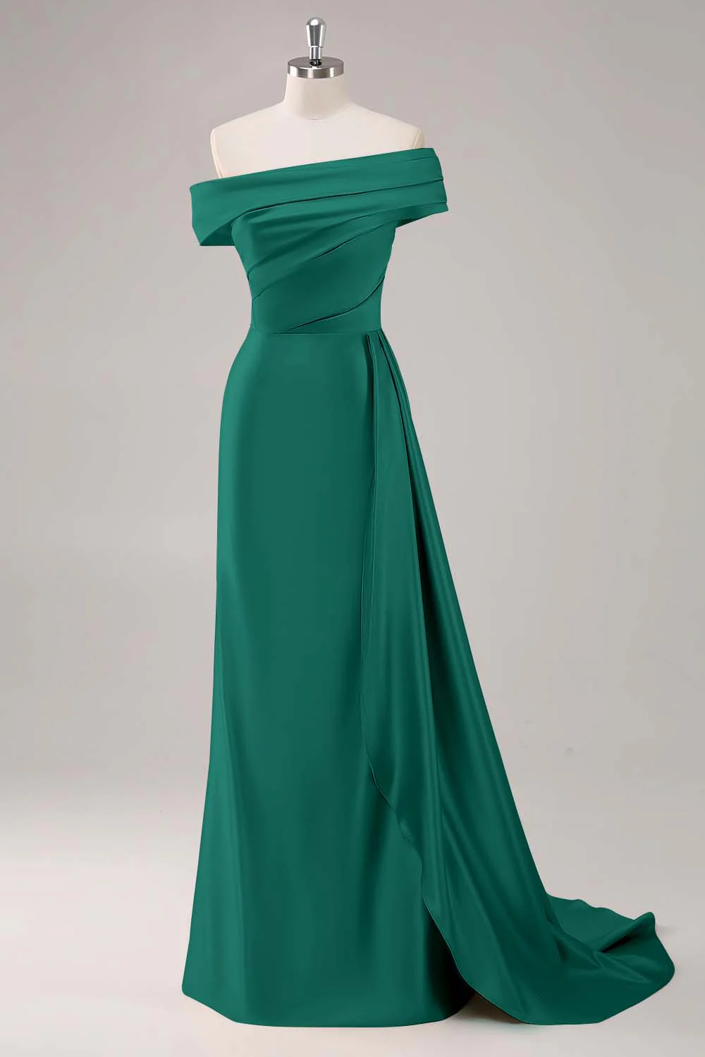 Off the Shoulder Satin Champagne Formal Dress with Drape - Image 13