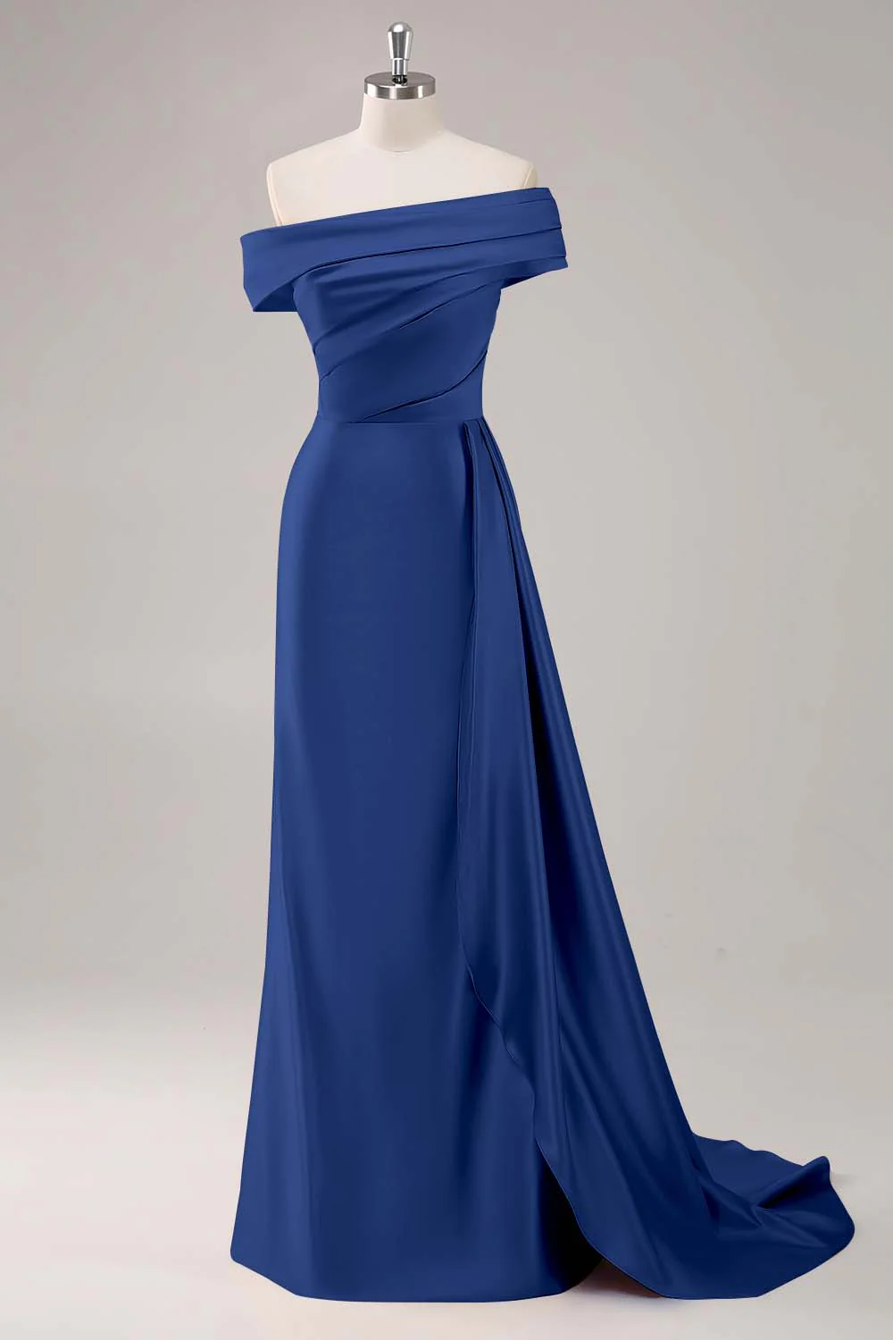 Off the Shoulder Satin Champagne Formal Dress with Drape - Image 15