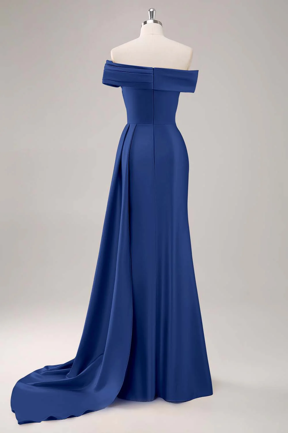 Off the Shoulder Satin Champagne Formal Dress with Drape - Image 16