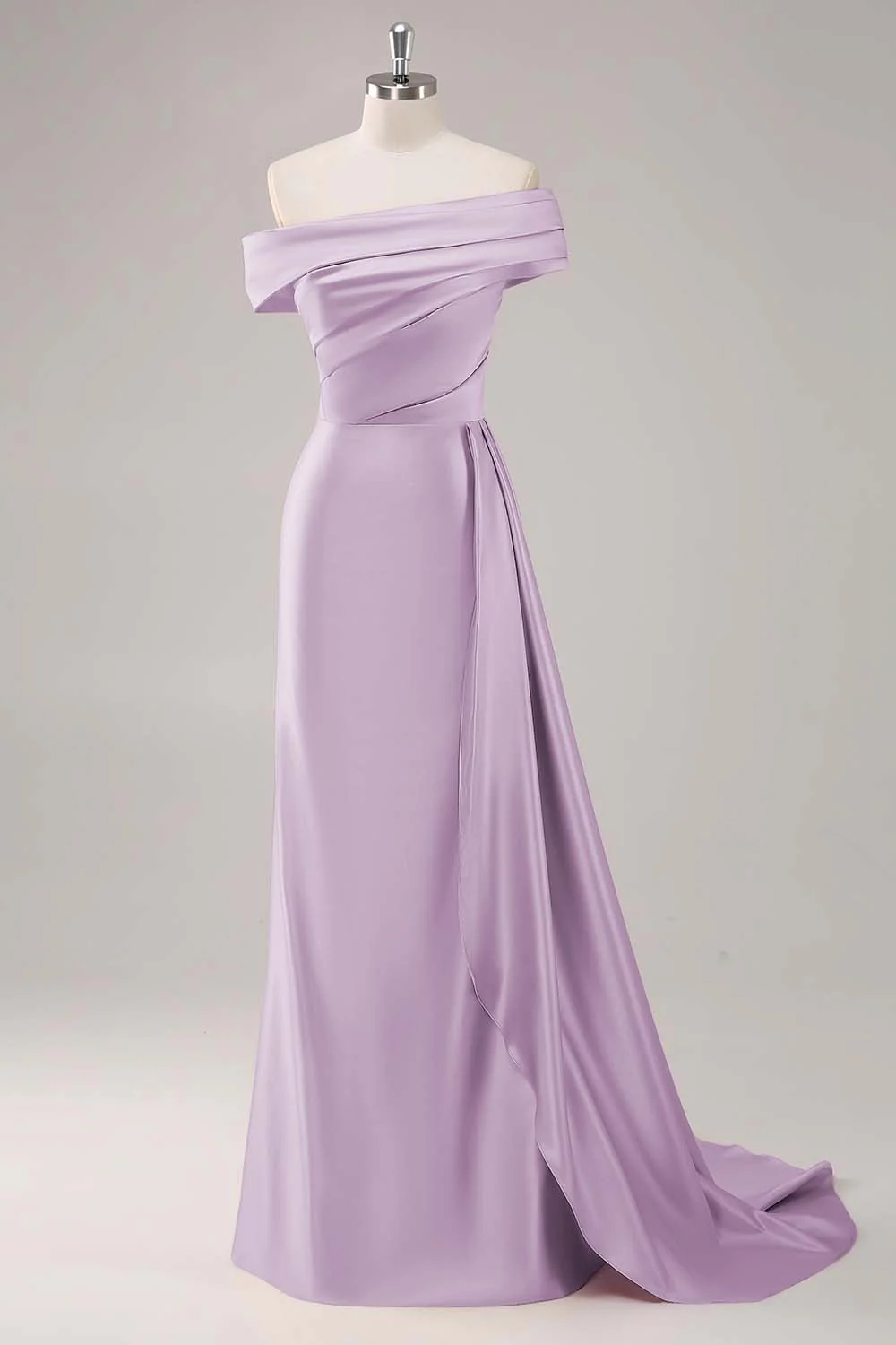 Off the Shoulder Satin Champagne Formal Dress with Drape - Image 17