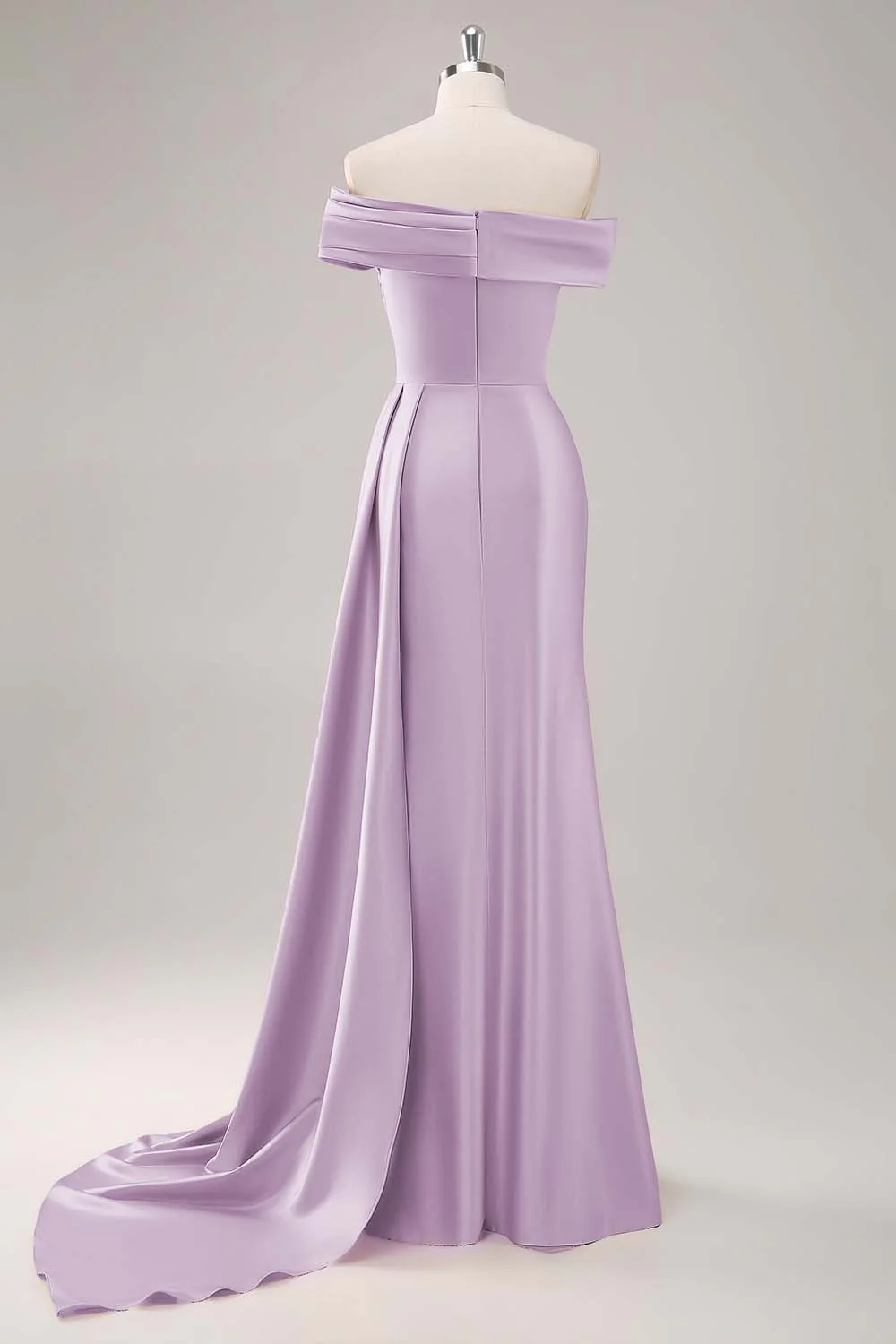 Off the Shoulder Satin Champagne Formal Dress with Drape - Image 18
