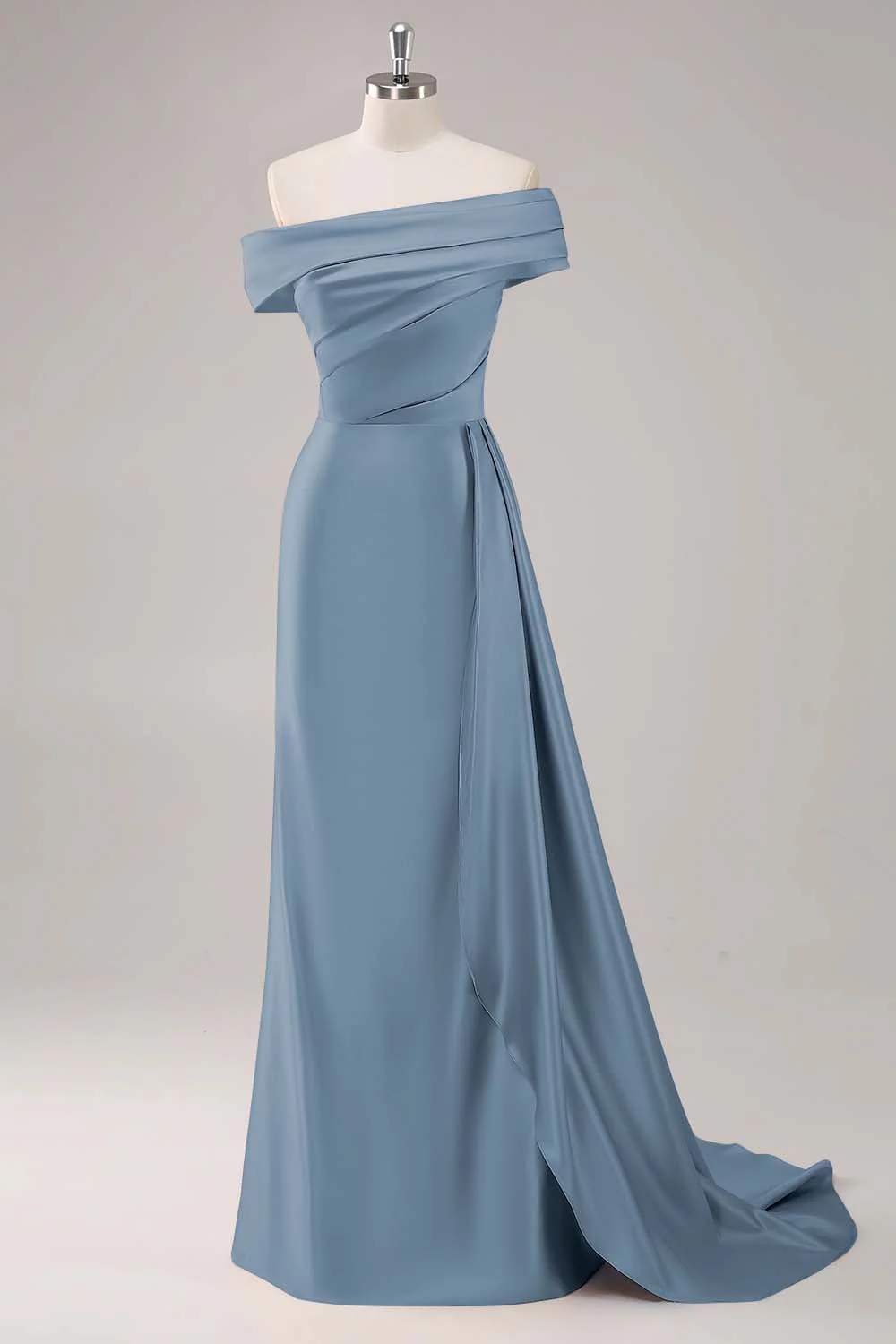 Off the Shoulder Satin Champagne Formal Dress with Drape - Image 19