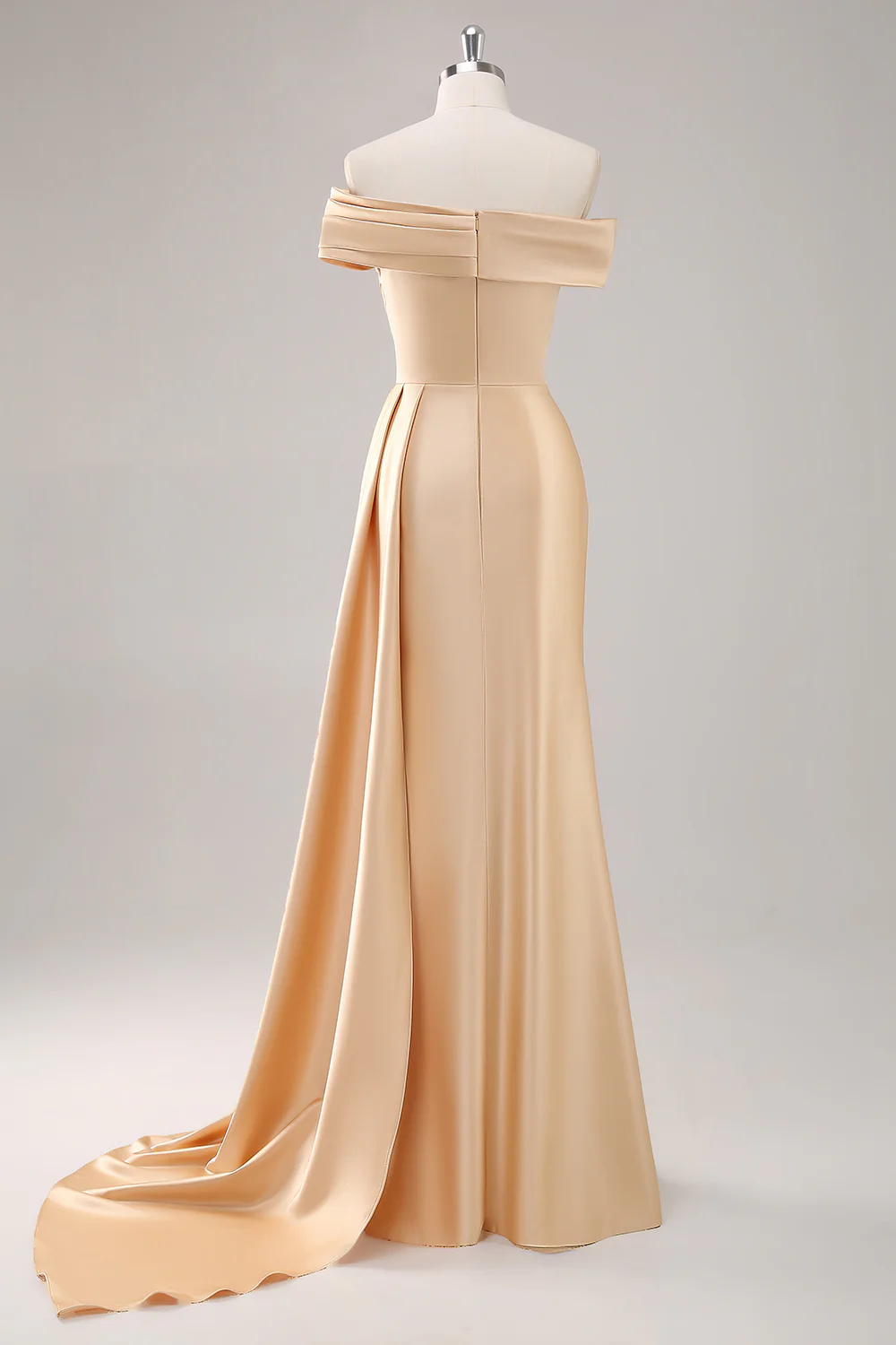 Off the Shoulder Satin Champagne Formal Dress with Drape - Image 2