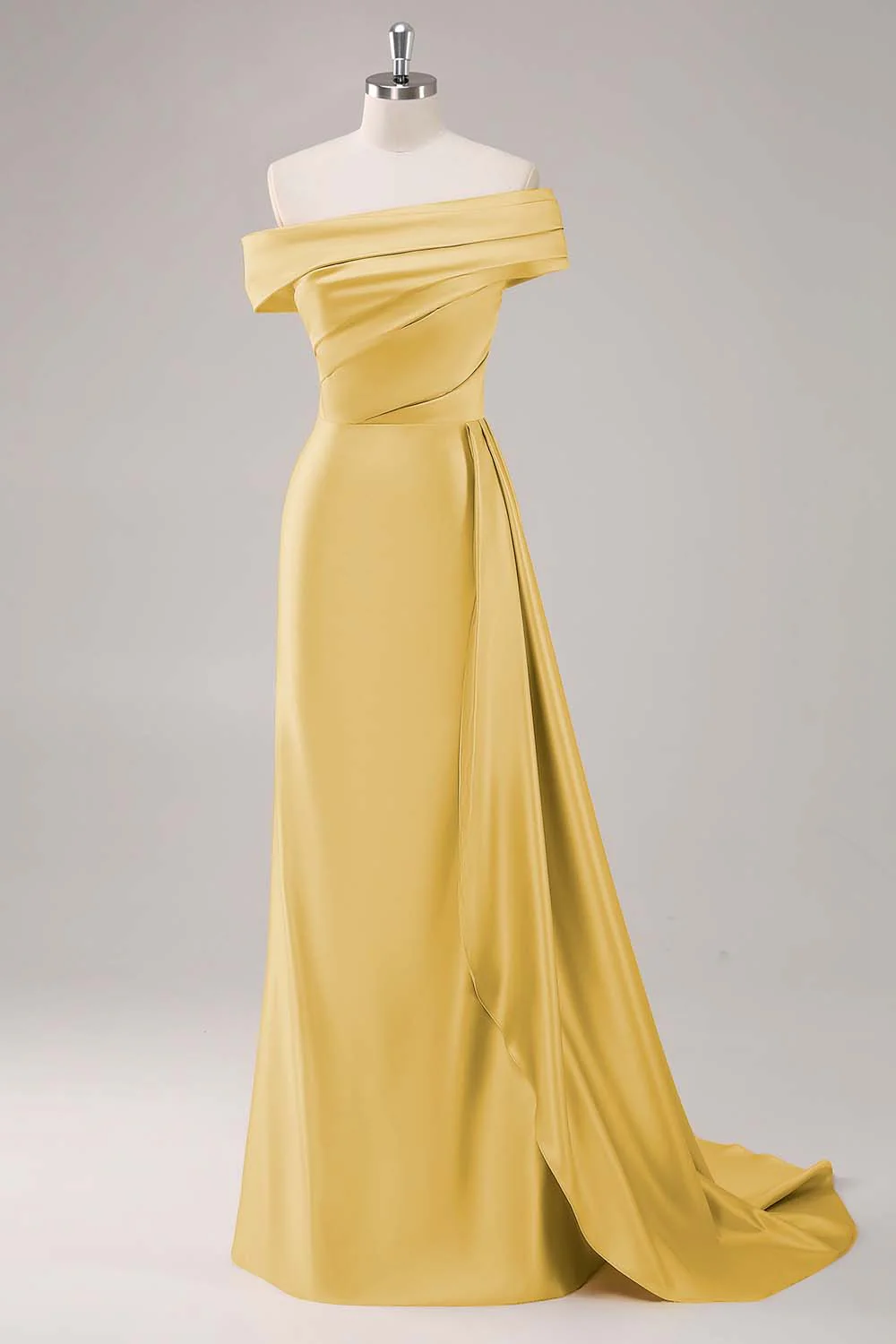 Off the Shoulder Satin Champagne Formal Dress with Drape - Image 21