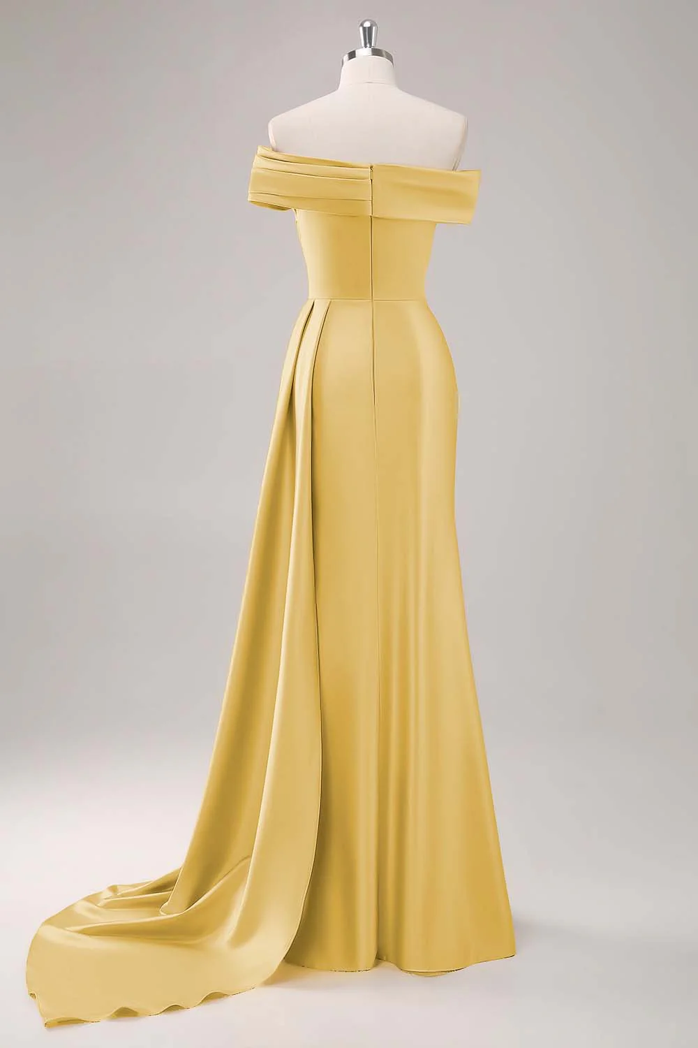 Off the Shoulder Satin Champagne Formal Dress with Drape - Image 22