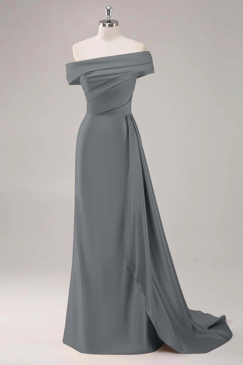 Off the Shoulder Satin Champagne Formal Dress with Drape - Image 23