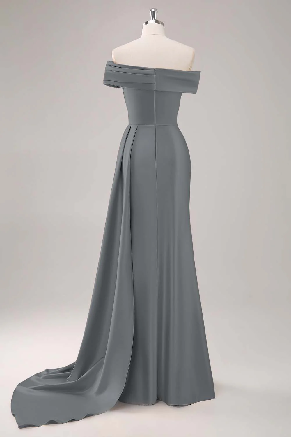 Off the Shoulder Satin Champagne Formal Dress with Drape - Image 24