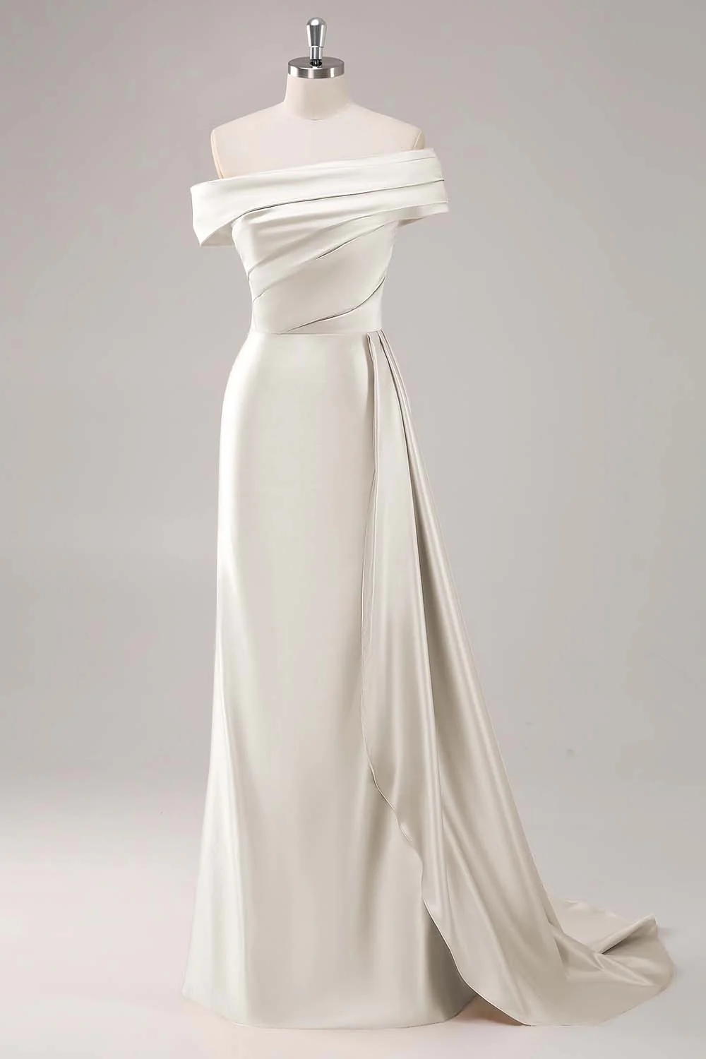 Off the Shoulder Satin Champagne Formal Dress with Drape - Image 25