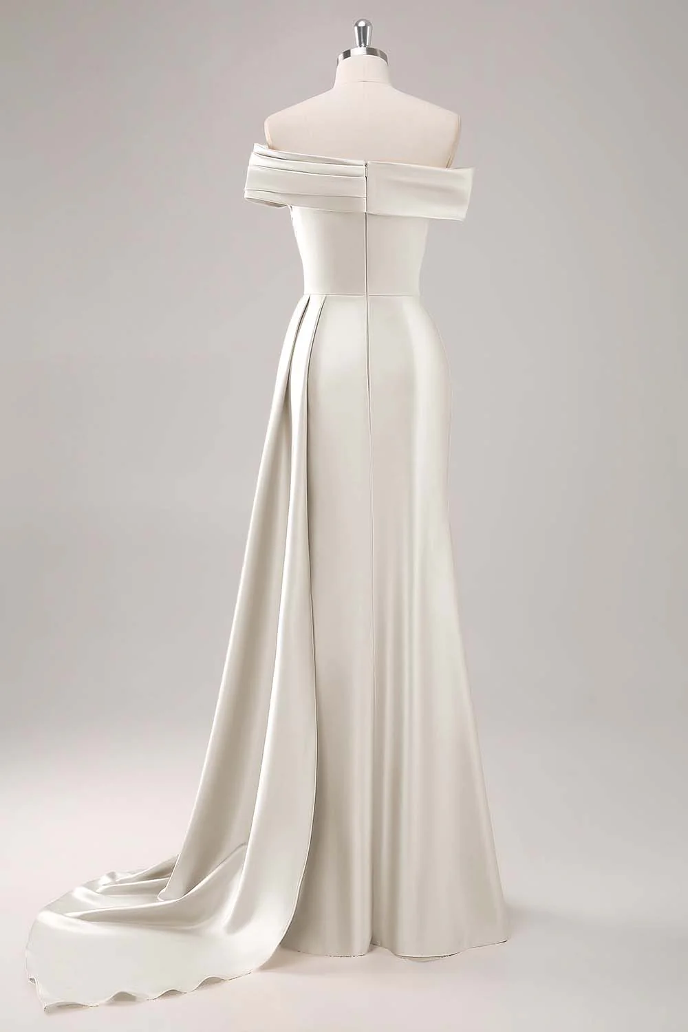 Off the Shoulder Satin Champagne Formal Dress with Drape - Image 26