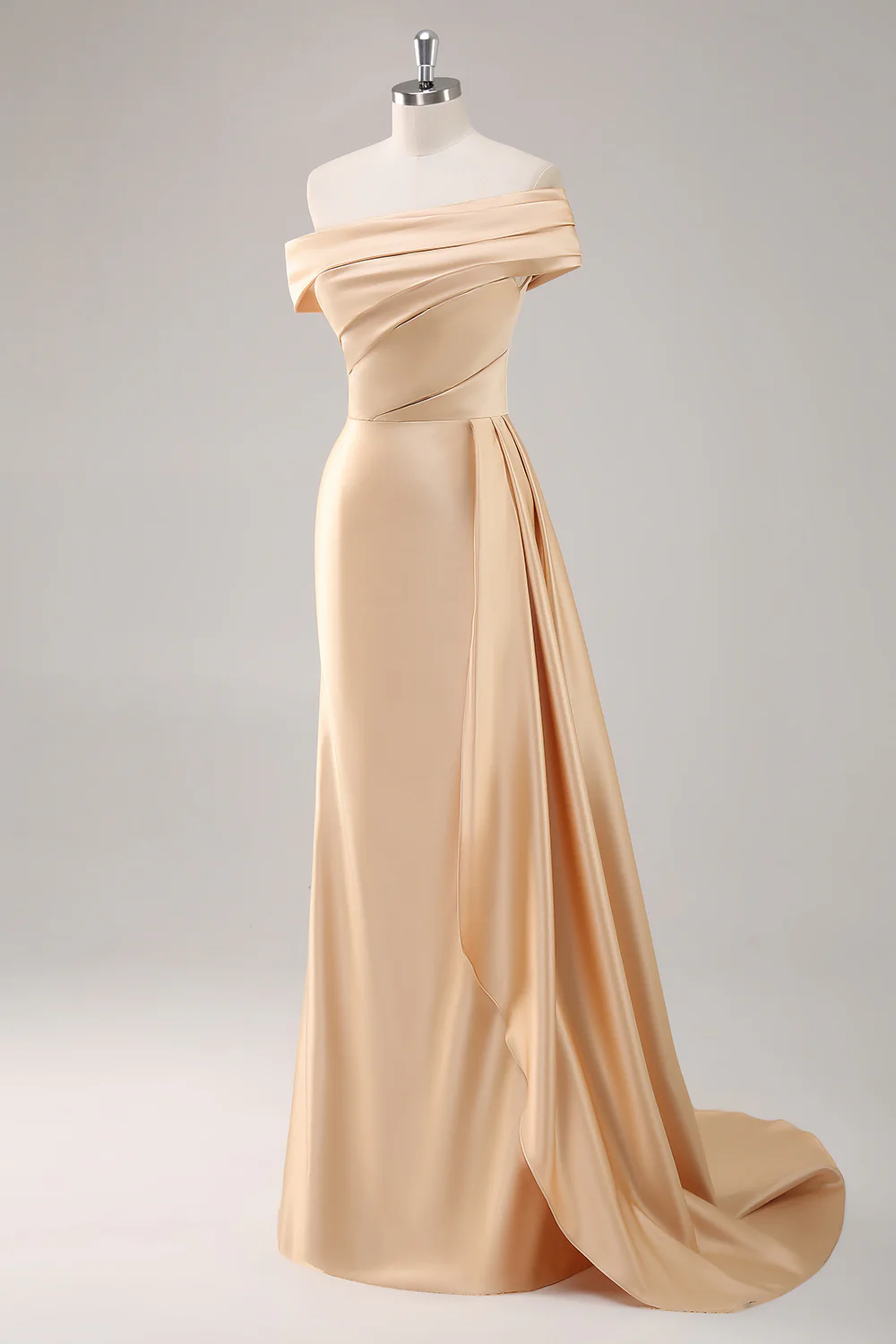 Off the Shoulder Satin Champagne Formal Dress with Drape - Image 3