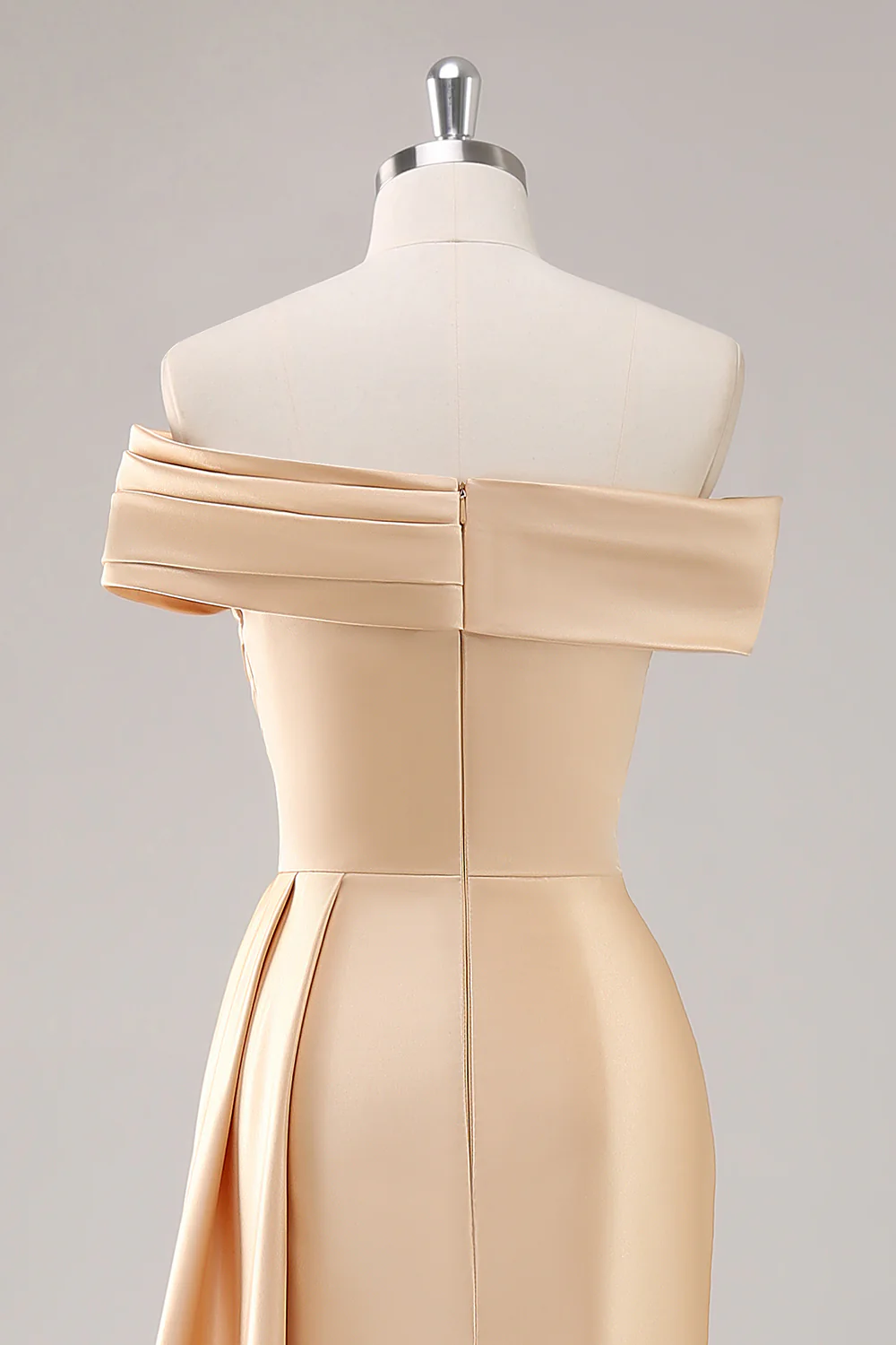 Off the Shoulder Satin Champagne Formal Dress with Drape - Image 4