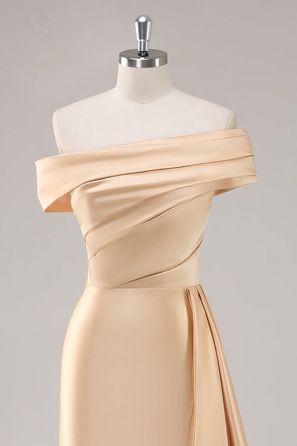 Off the Shoulder Satin Champagne Formal Dress with Drape - Image 5