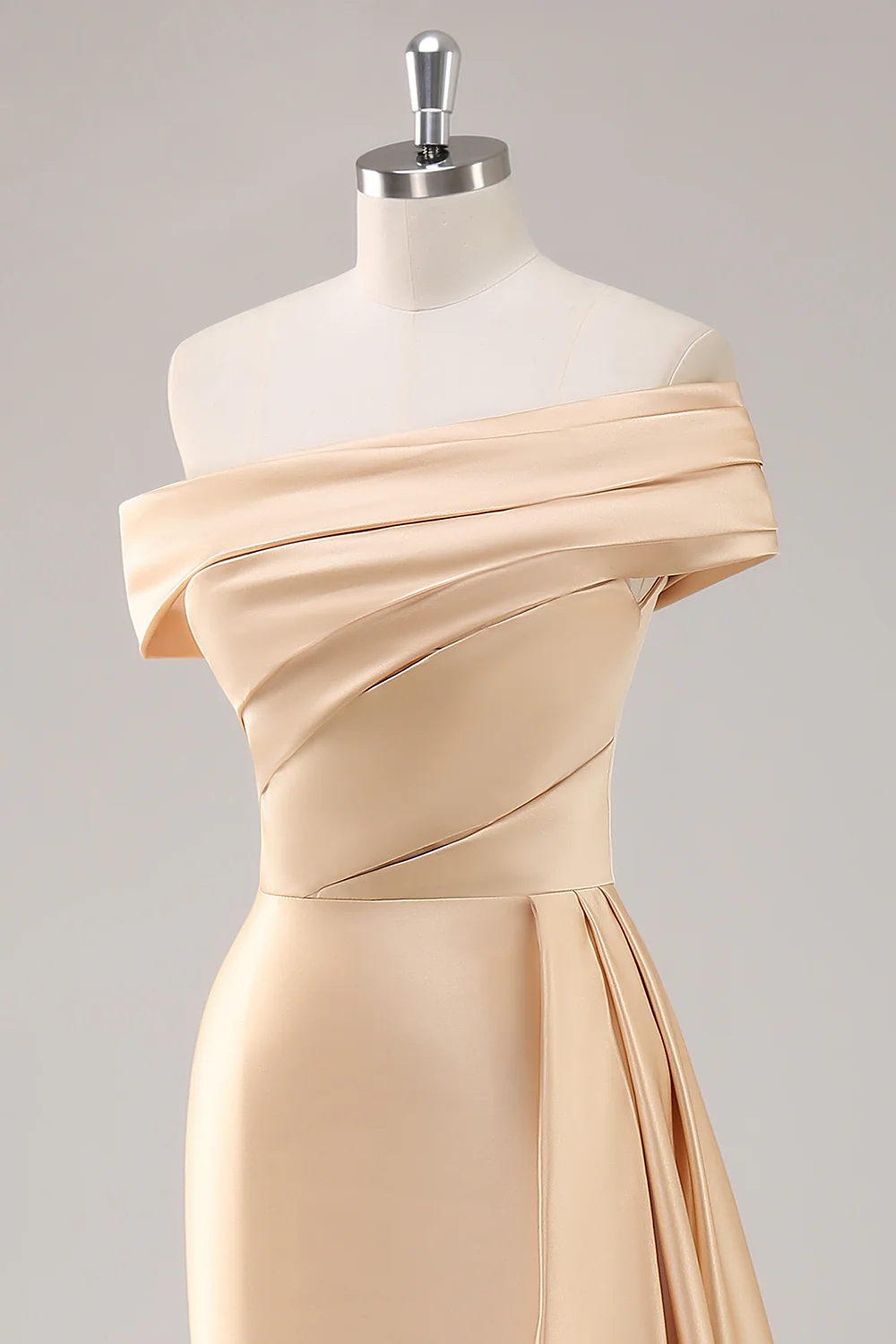 Off the Shoulder Satin Champagne Formal Dress with Drape - Image 6