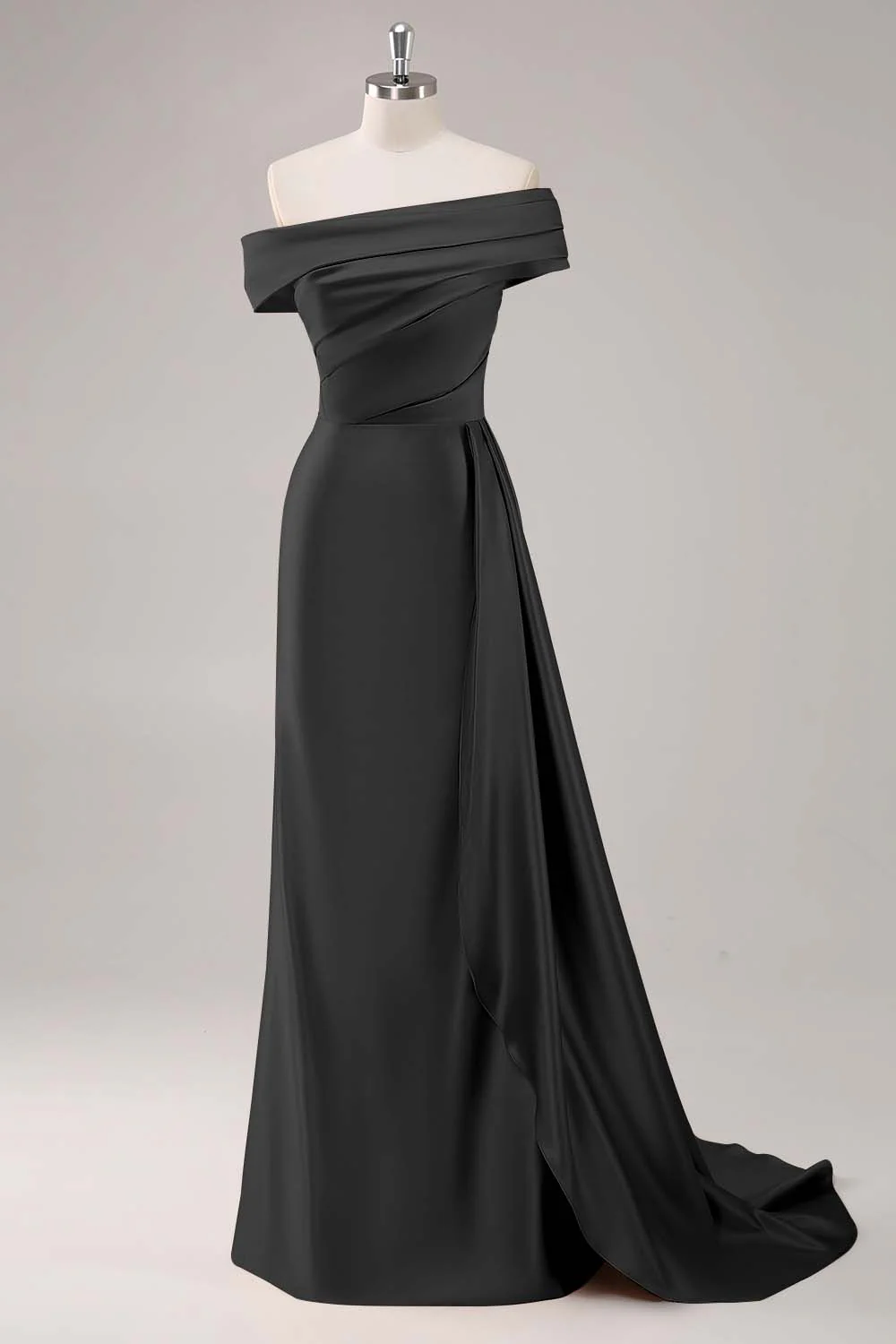 Off the Shoulder Satin Champagne Formal Dress with Drape - Image 7
