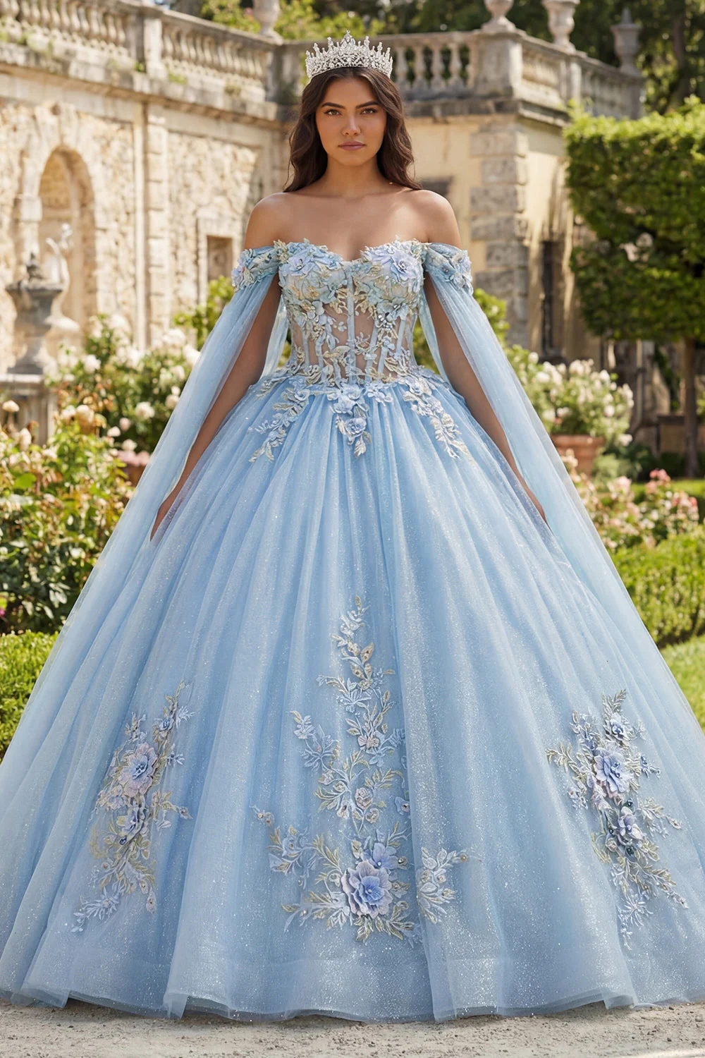 Off The Shoulder Sky Blue Ball Gown Quinceanera Dress with 3D Flowers
