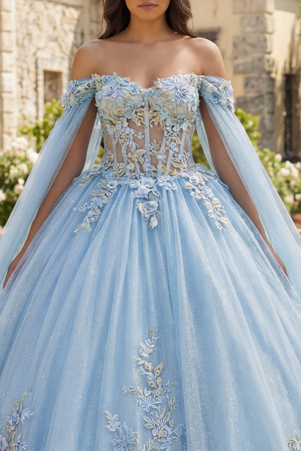Off The Shoulder Sky Blue Ball Gown Quinceanera Dress with 3D Flowers - Image 3