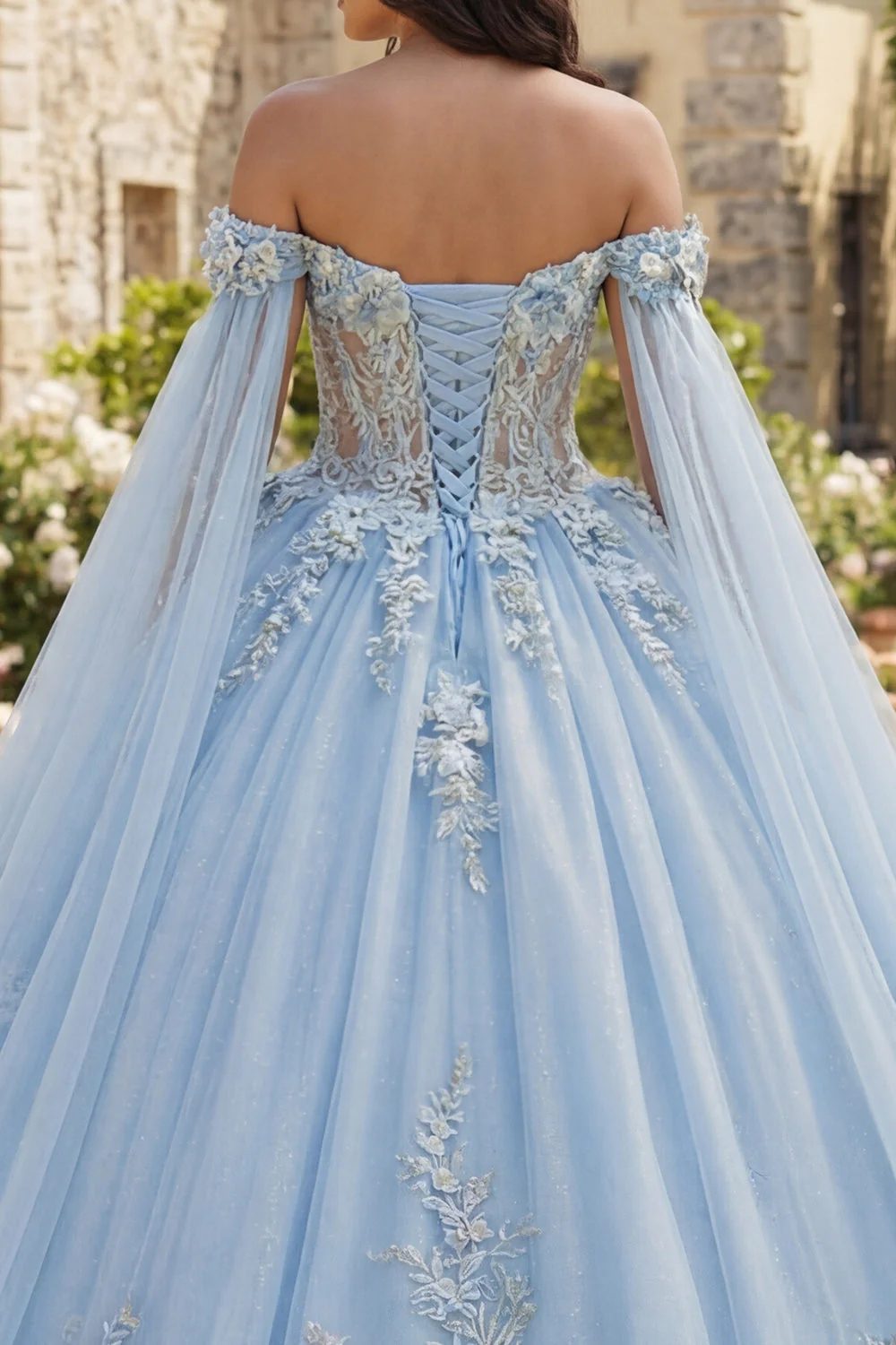 Off The Shoulder Sky Blue Ball Gown Quinceanera Dress with 3D Flowers - Image 4