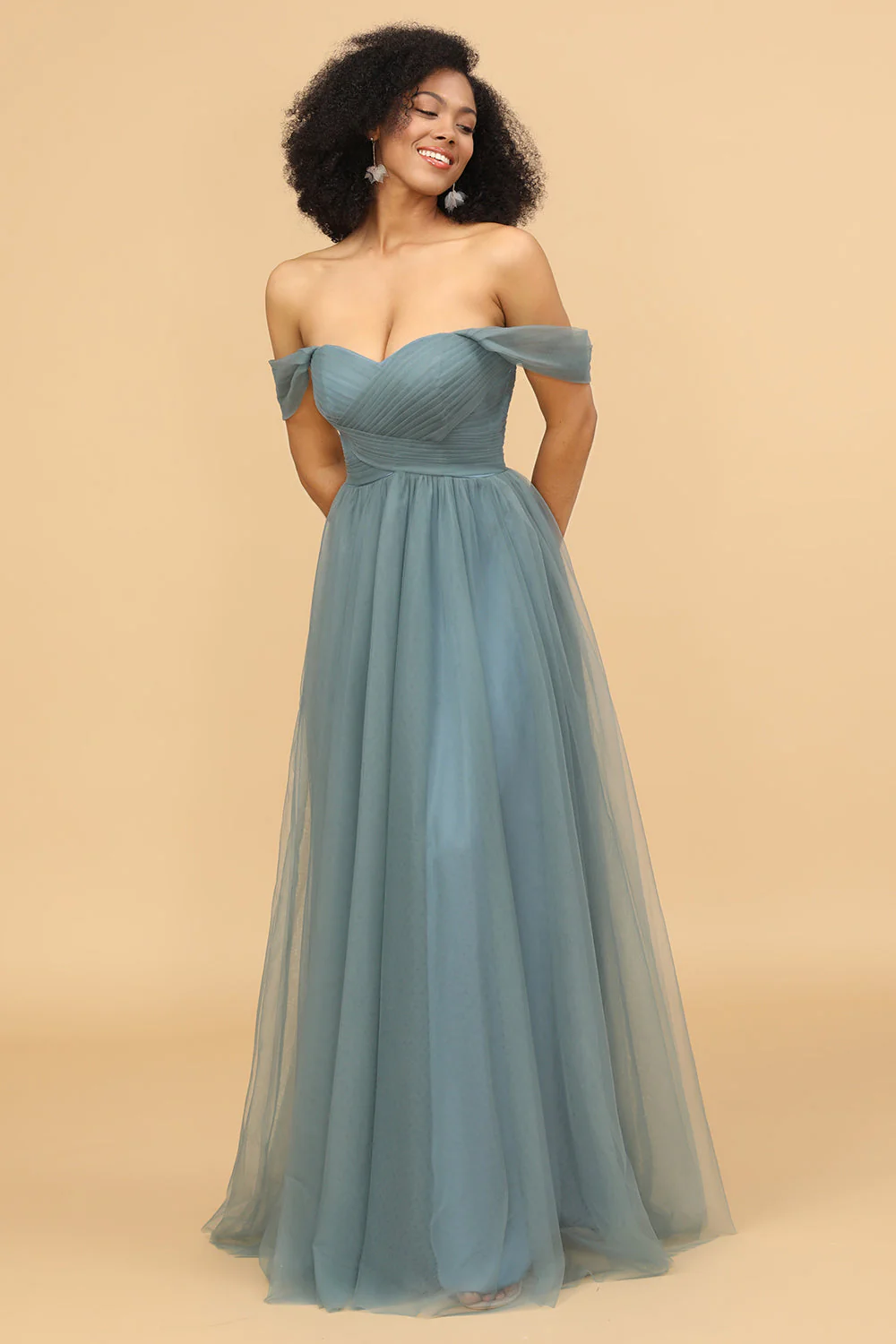 Off the Shoulder Tulle Bridesmaid Dress with Ruffles - Image 3