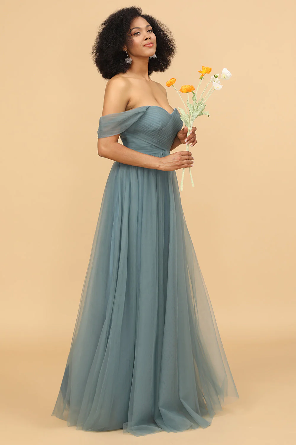 Off the Shoulder Tulle Bridesmaid Dress with Ruffles - Image 4