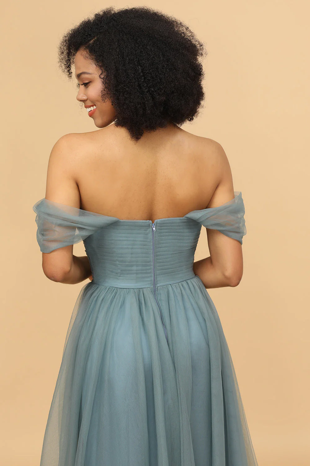 Off the Shoulder Tulle Bridesmaid Dress with Ruffles - Image 5