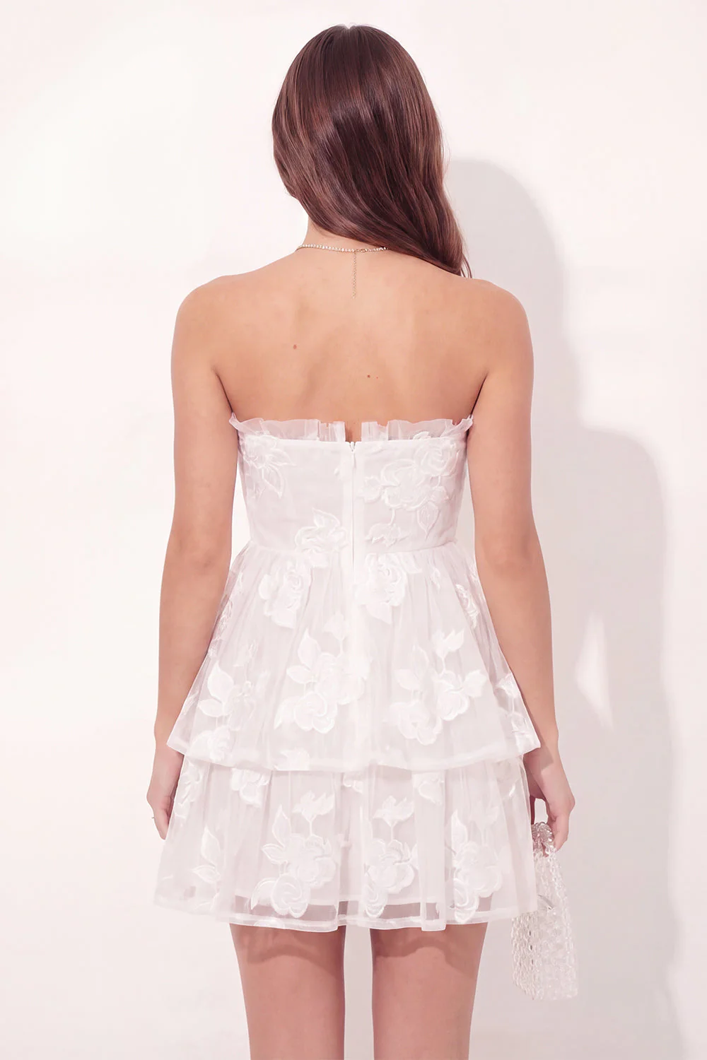 Off the Shoulder White A-Line Floral Ruched Mini Graduation Dress - Image 2