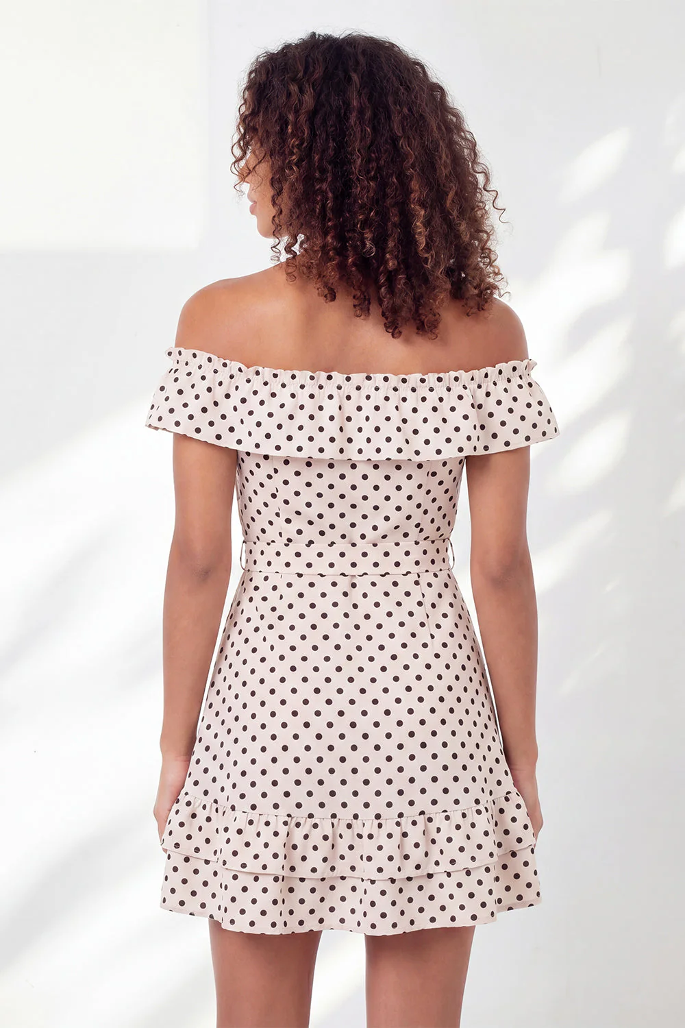 Off the Shoulder White Black Dot A-Line Ruffled Mini Graduation Dress with Belt - Image 2
