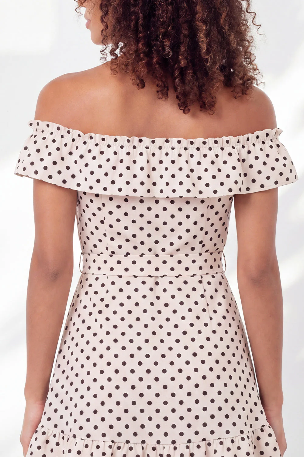 Off the Shoulder White Black Dot A-Line Ruffled Mini Graduation Dress with Belt - Image 5