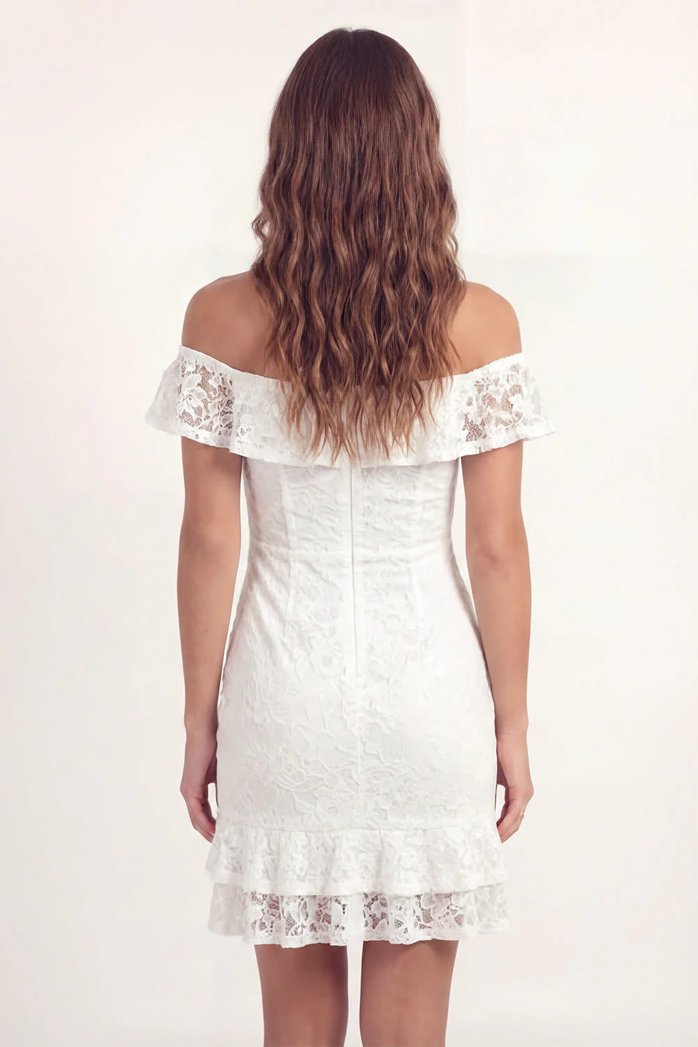 Off the Shoulder White Lace Bodycon Mini Graduation Dress with Ruffles - Image 2