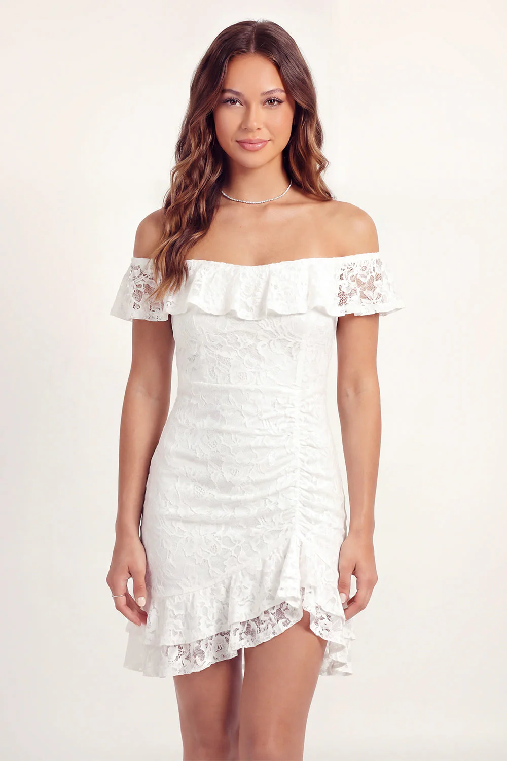 Off the Shoulder White Lace Bodycon Mini Graduation Dress with Ruffles - Image 3