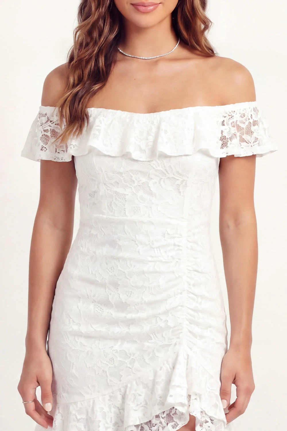 Off the Shoulder White Lace Bodycon Mini Graduation Dress with Ruffles - Image 4