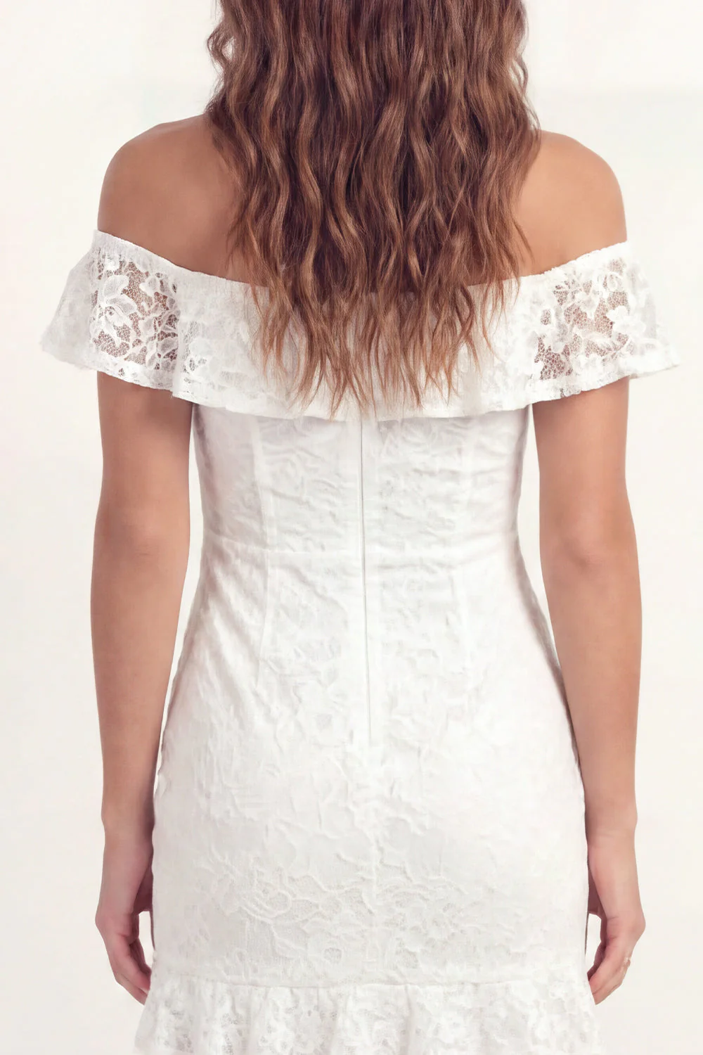 Off the Shoulder White Lace Bodycon Mini Graduation Dress with Ruffles - Image 5