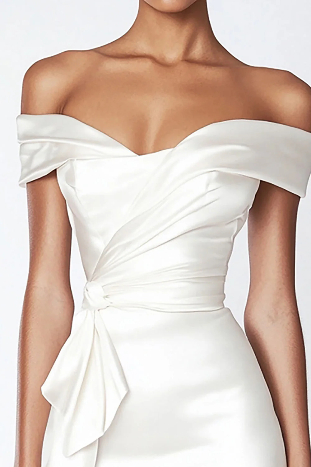 Off The Shoulder White Satin Bodycon Graduation Dress - Image 2