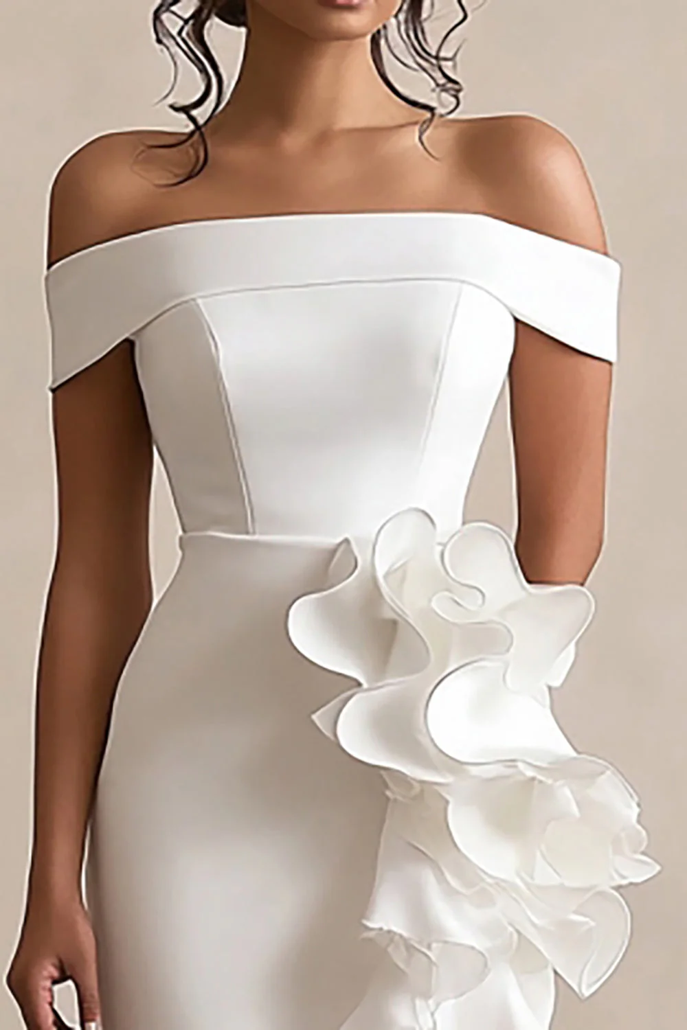Off the Shoulder White Satin Graduation Dress with Ruffles - Image 2