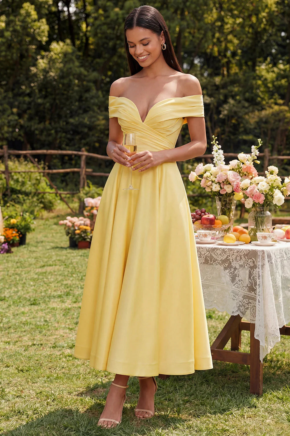 Off the Shoulder Yellow A-Line Ruched Maxi Dress with Pockets