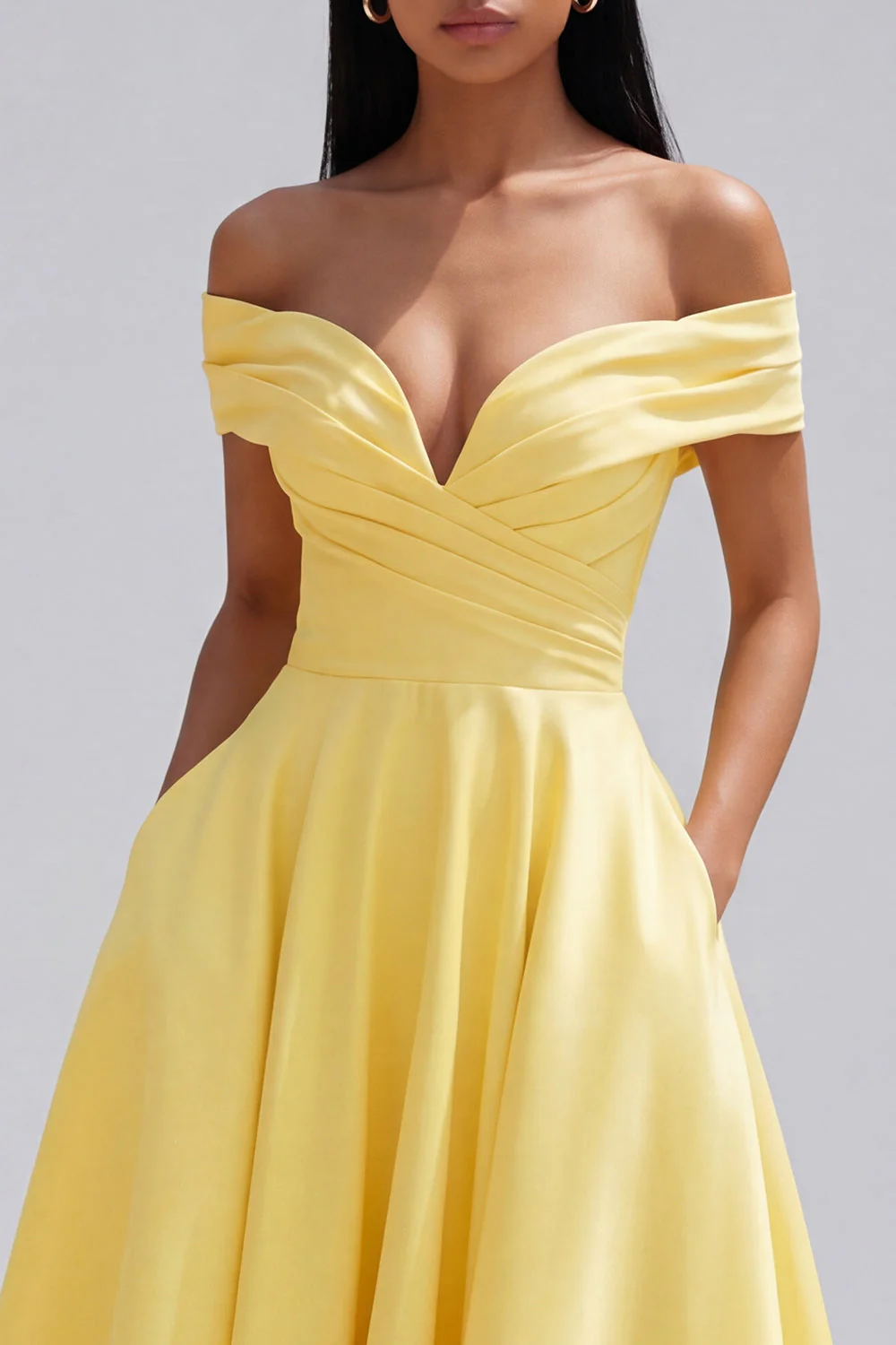 Off the Shoulder Yellow A-Line Ruched Maxi Dress with Pockets - Image 4