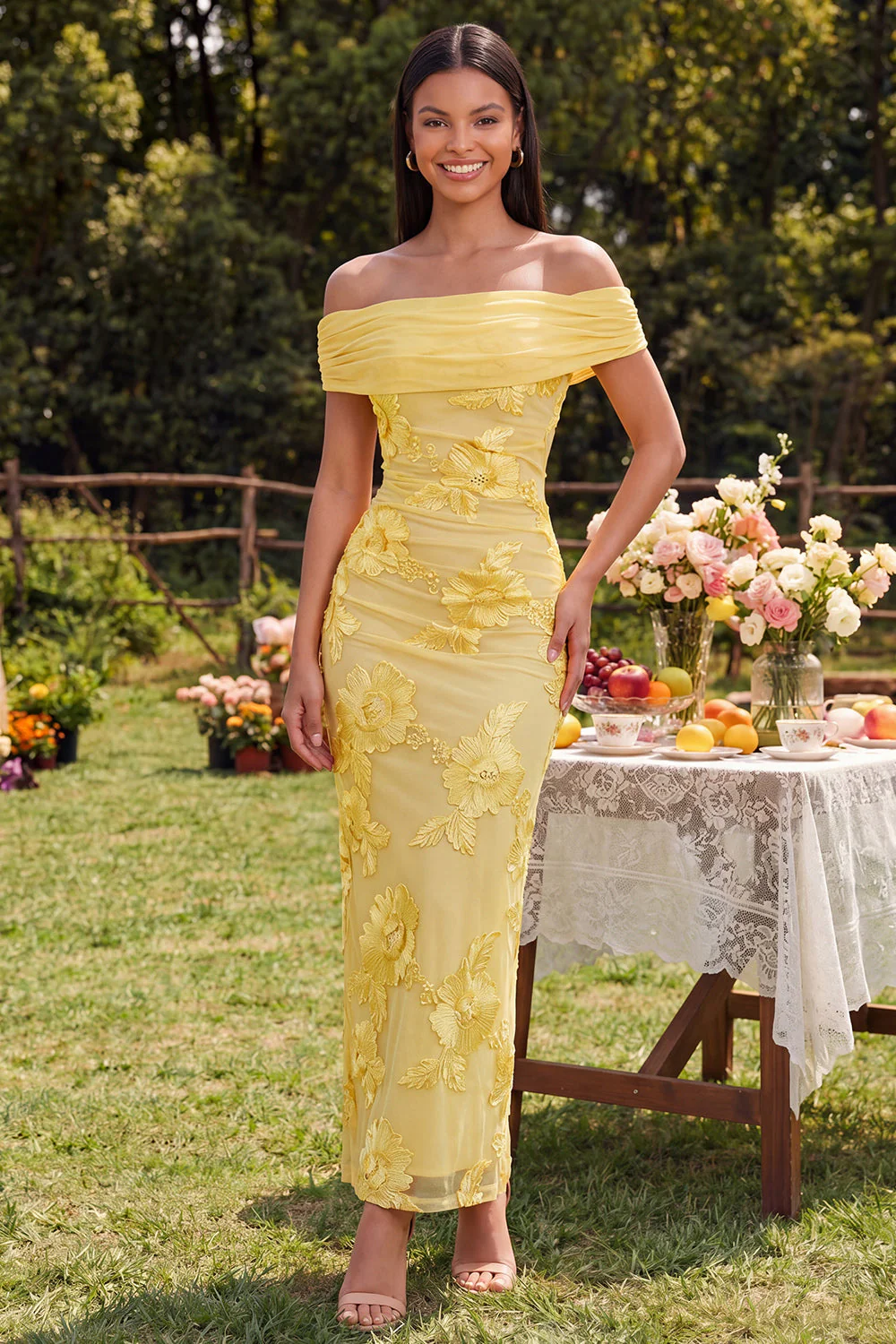 Off the Shoulder Yellow Sheath Embroidered Maxi Floral Dress with Slit