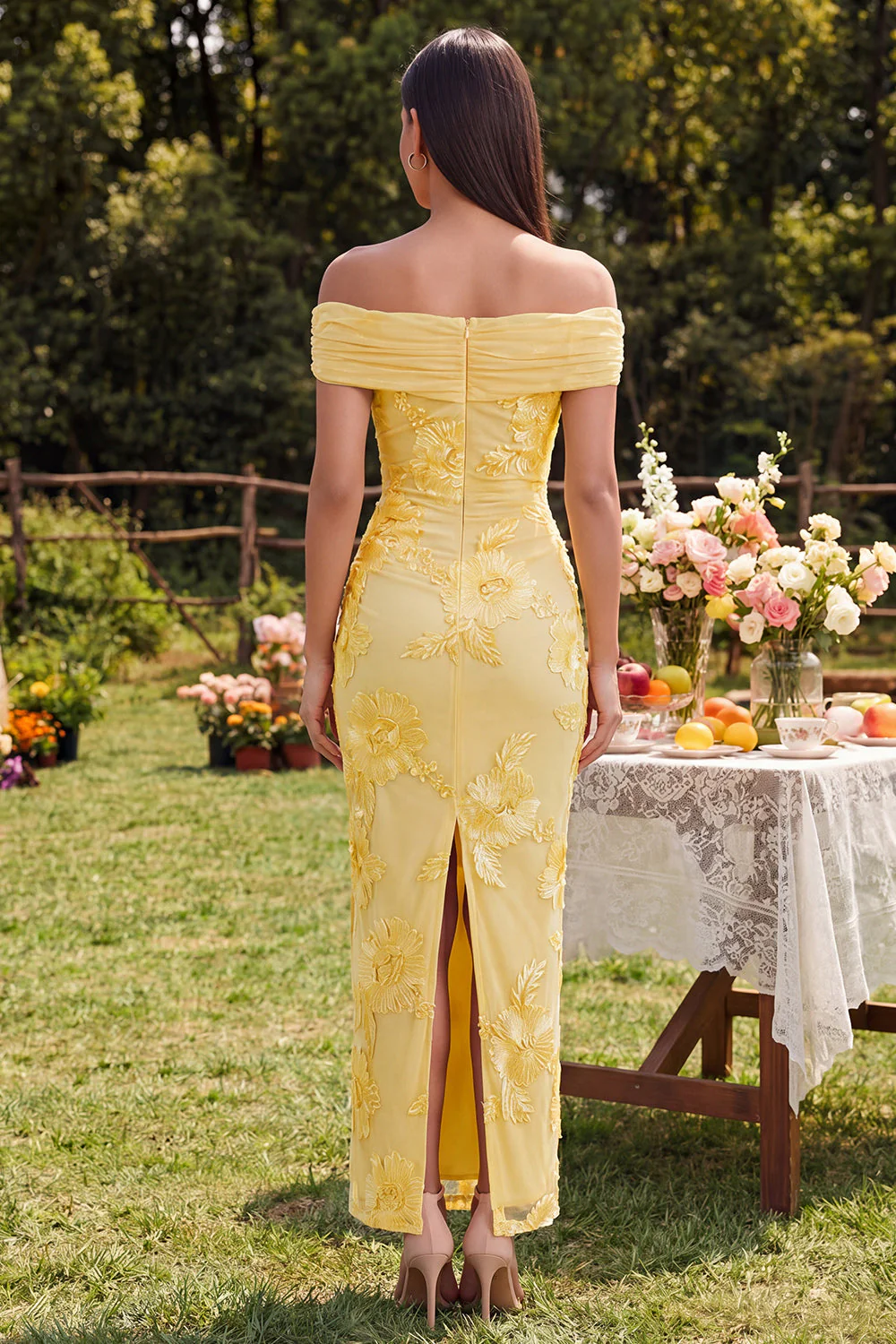 Off the Shoulder Yellow Sheath Embroidered Maxi Floral Dress with Slit - Image 2