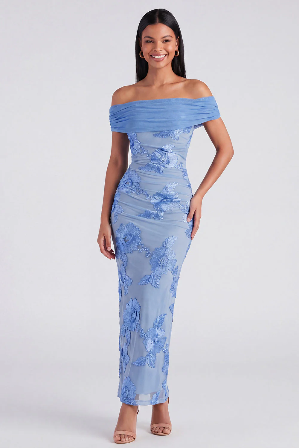Off the Shoulder Yellow Sheath Embroidered Maxi Floral Dress with Slit - Image 6